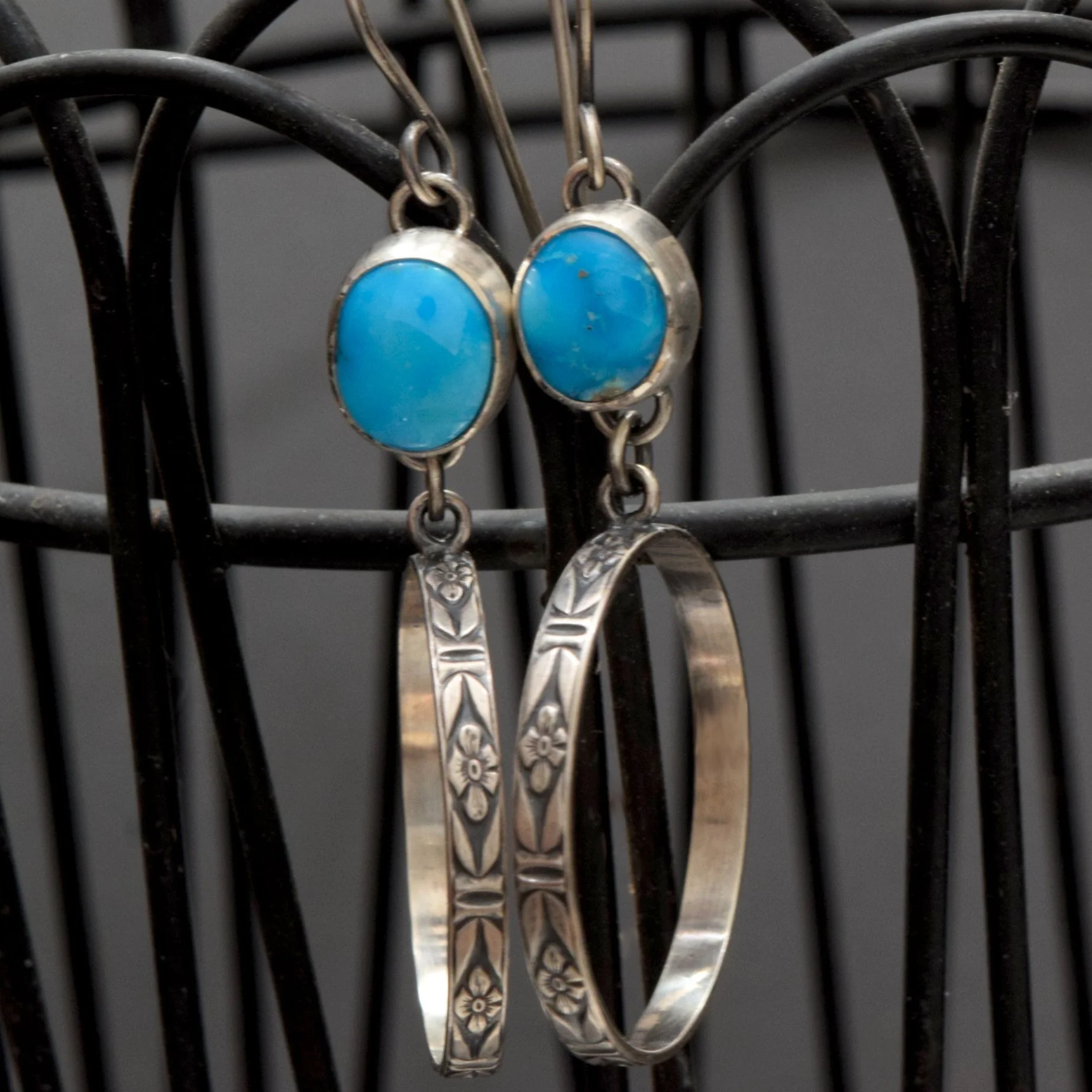 Sonoran Rose Turquoise & Floral Patterned Sterling Silver Hoops