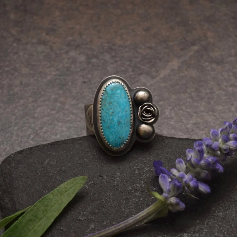 Kingman Turquoise & Sterling Silver Rose Statement Ring