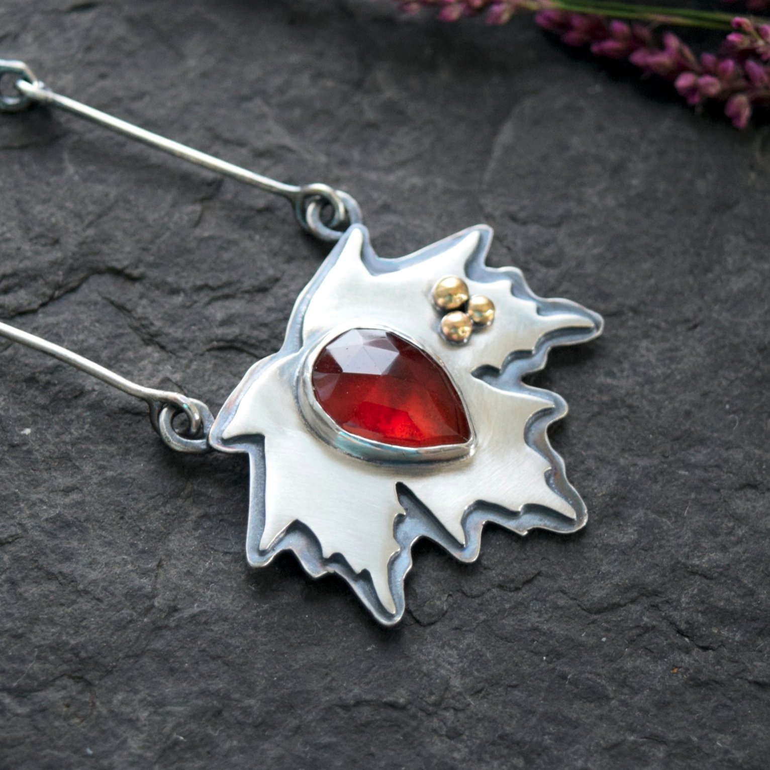 Autumn Hessonite Garnet & Sterling Silver Maple Leaf Pendant