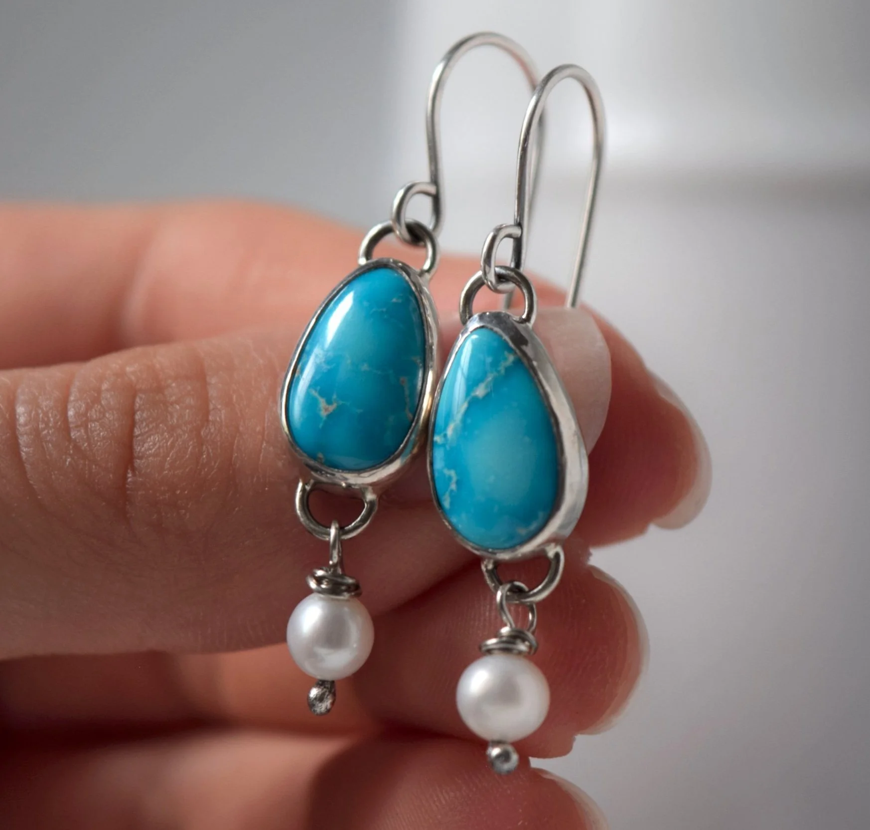 Sonoran Blue Turquoise & Freshwater Pearl Dangle Earrings