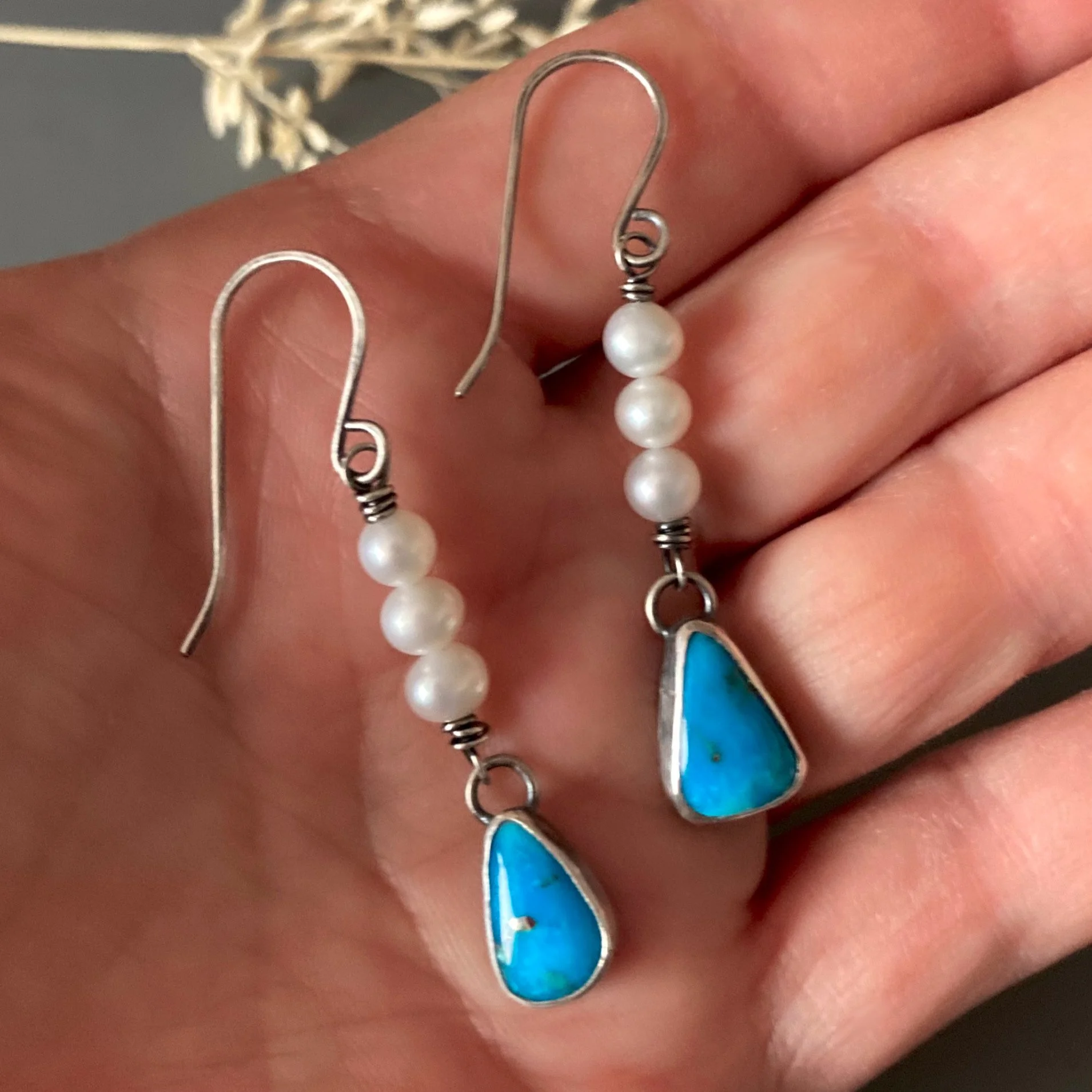 Sonoran Rose Turquoise & Freshwater Pearls Long Dangle Earrings in Sterling Silver