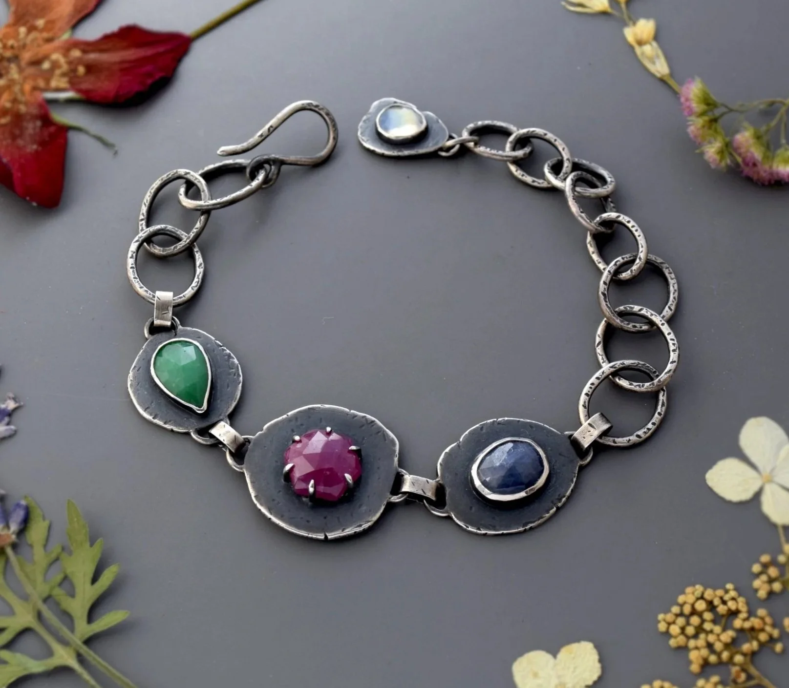 Ruby, Sapphire, & Chrysoprase Raw Rustic Statement Bracelet in Sterling Silver with Rainbow Moonstone Charm