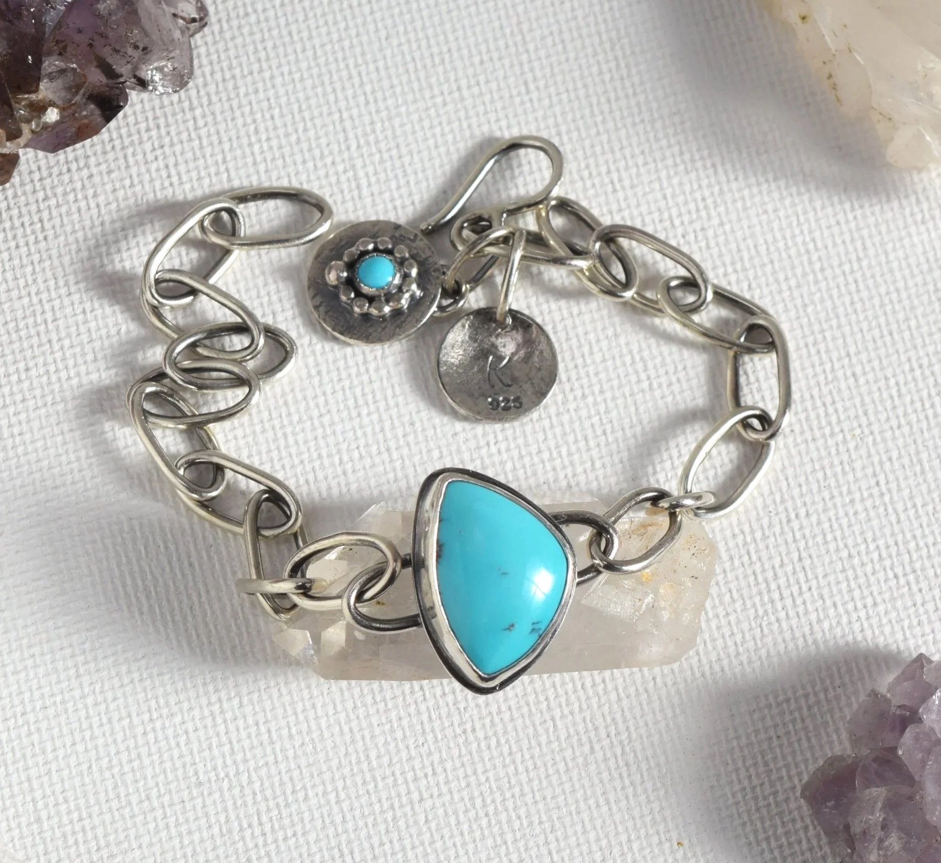 Cloud Mountain Turquoise Sterling Silver Bracelet with Handmade Paper Clip Chain