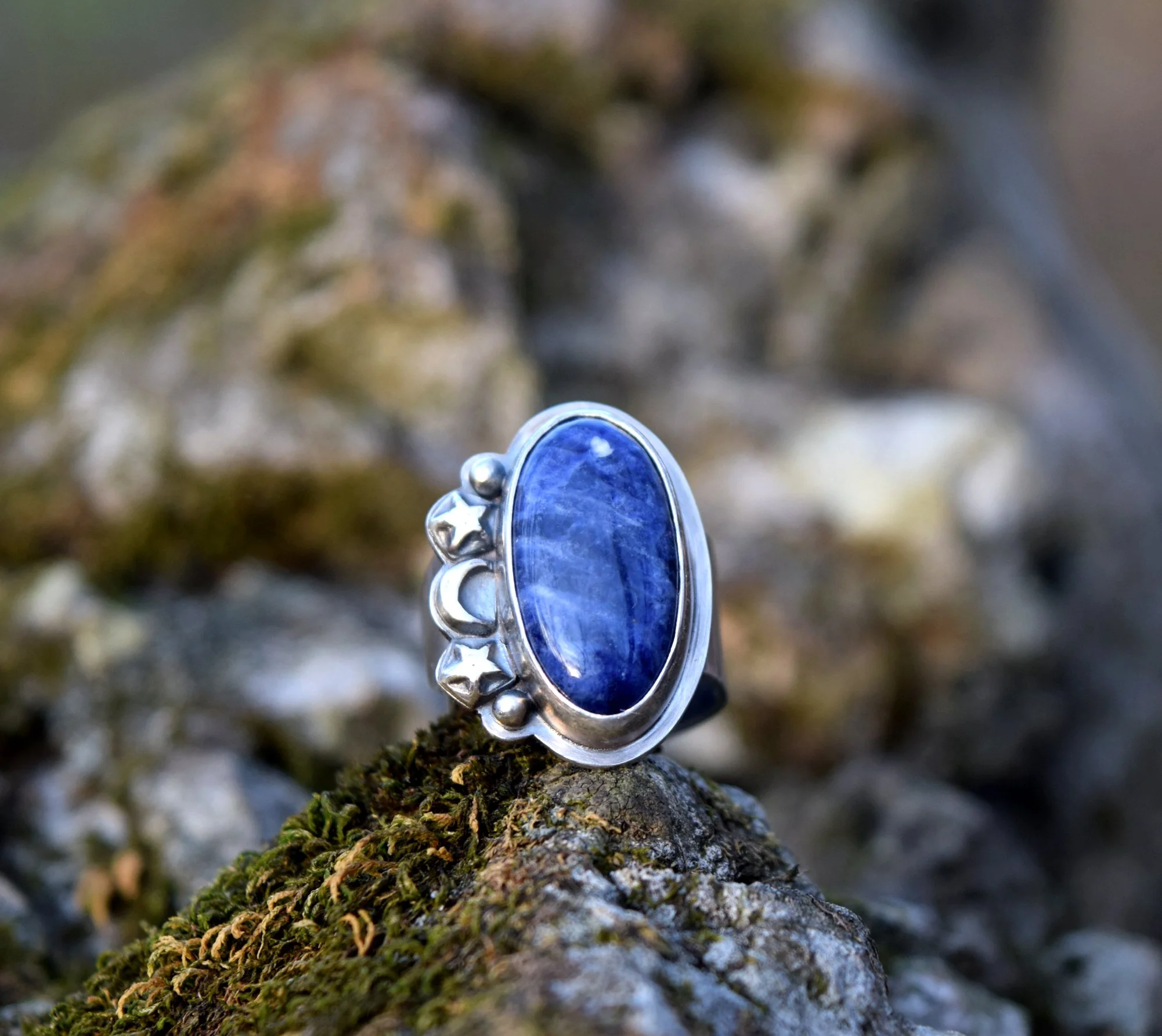 Celestial Sodalite & Sterling Silver Ring with Moon & Stars