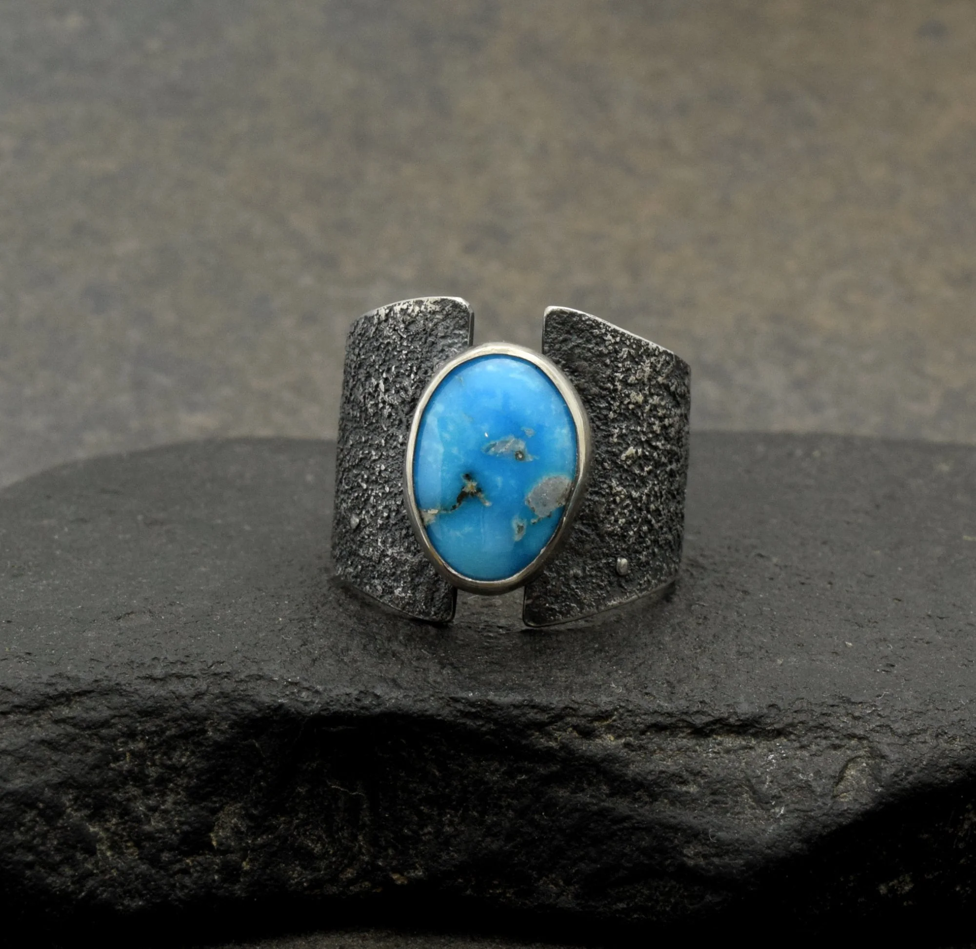 Sonoran Rose Turquoise & Textured Sterling SIlver Wide Band Ring