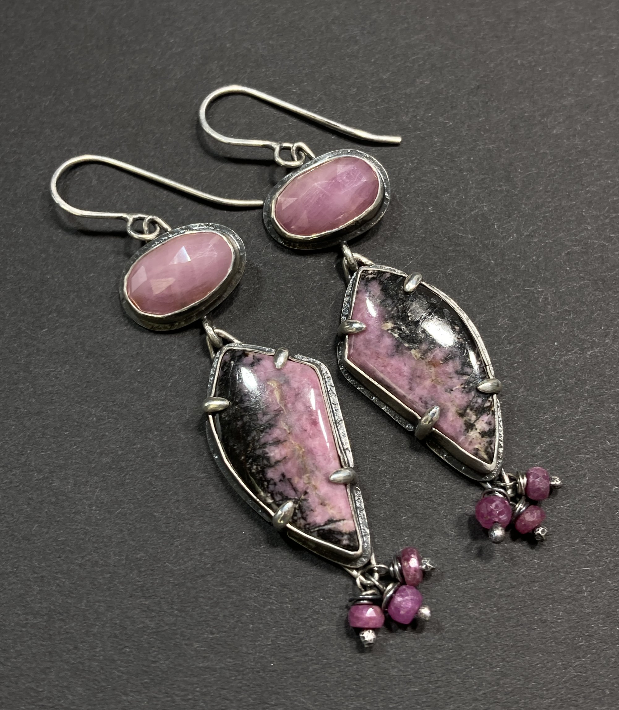 Sterling Silver Pink Sapphire and Rhodonite Dangle Earrings with Ruby Fringe, Rustic Texture, Artisan Handmade
