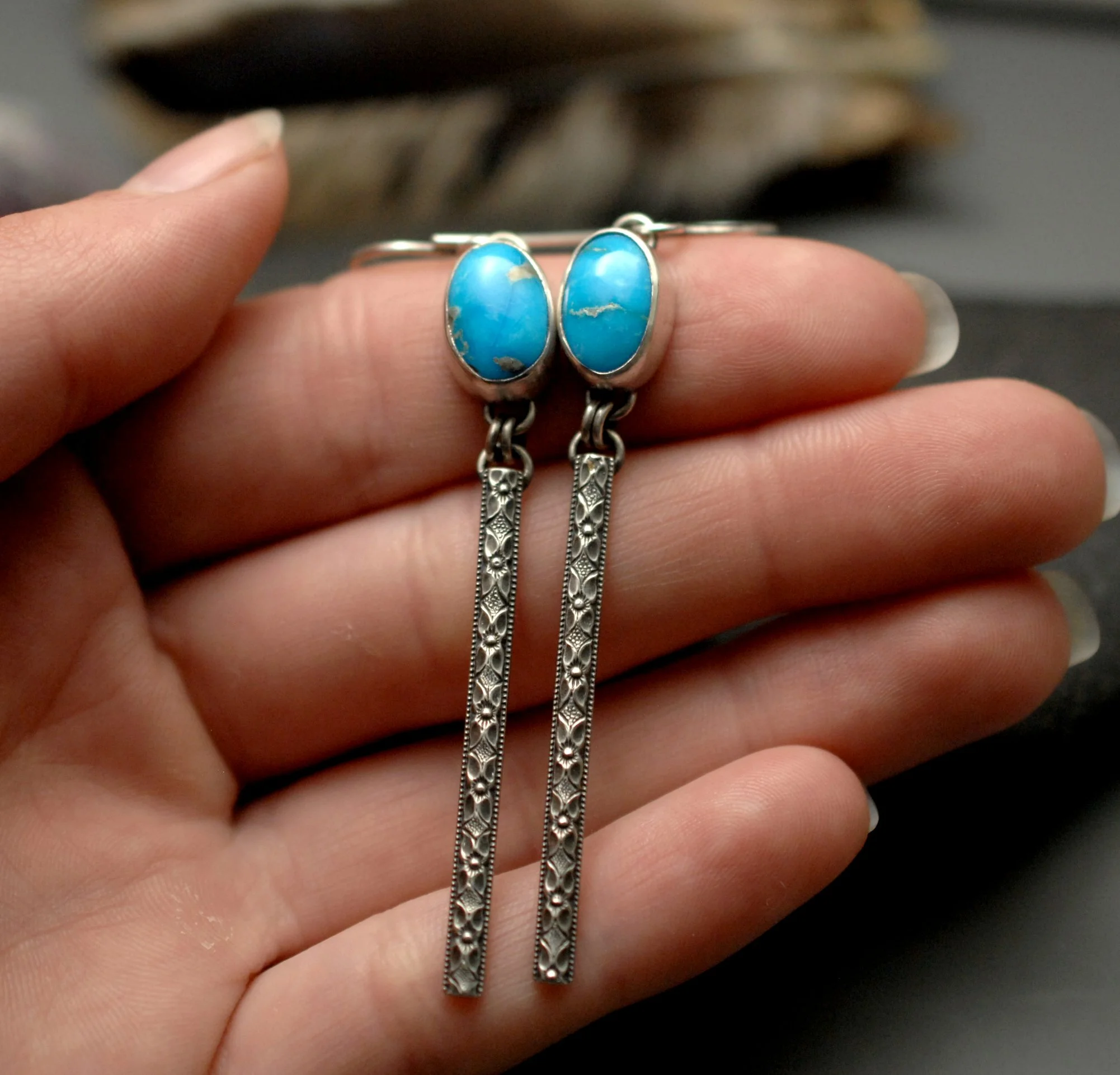 Sonoran Rose Turquoise & Sterling Silver Bar Dangle Earrings