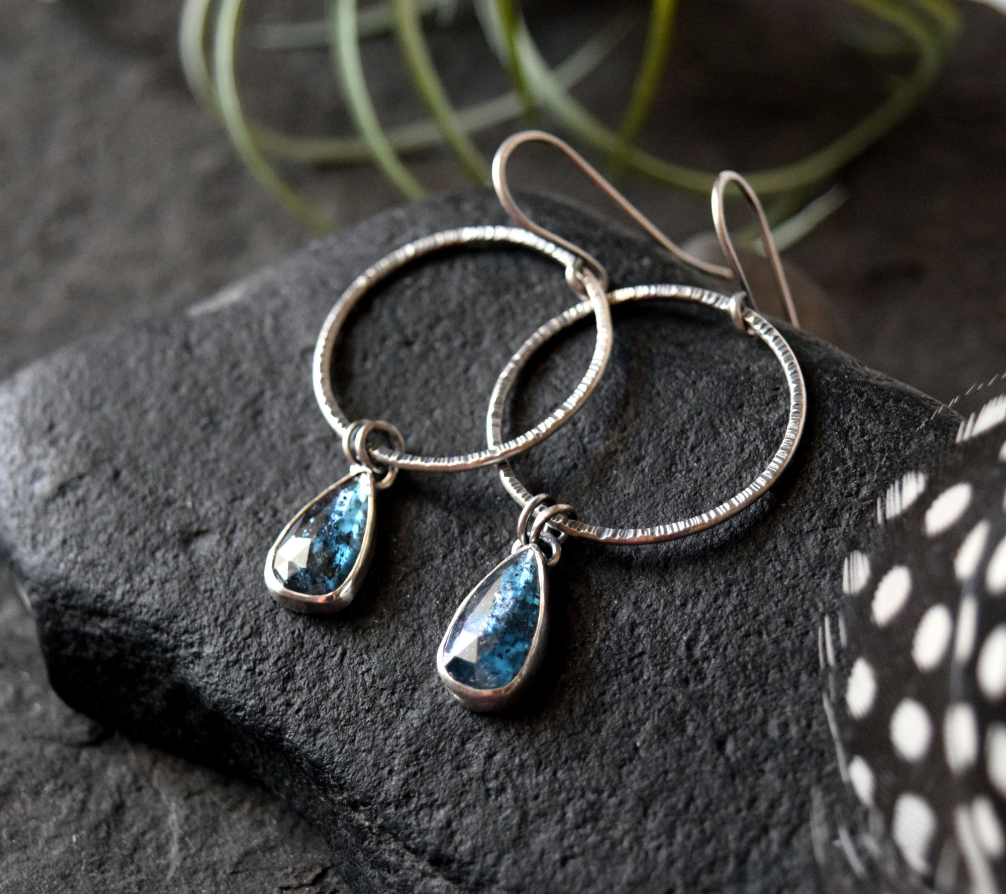 Moss Kyanite and Textured Sterling Silver Hoop Earrings