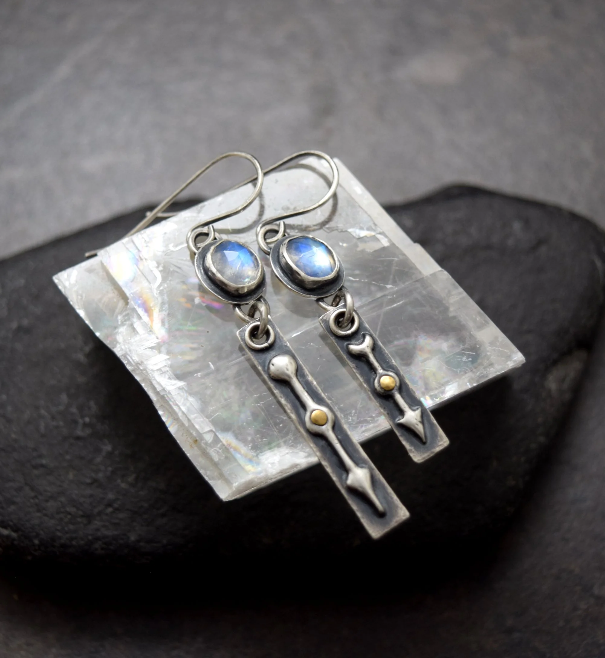 Rainbow Moonstone & Sterling Silver Earrings with Asymmetrical Arrow Dangles