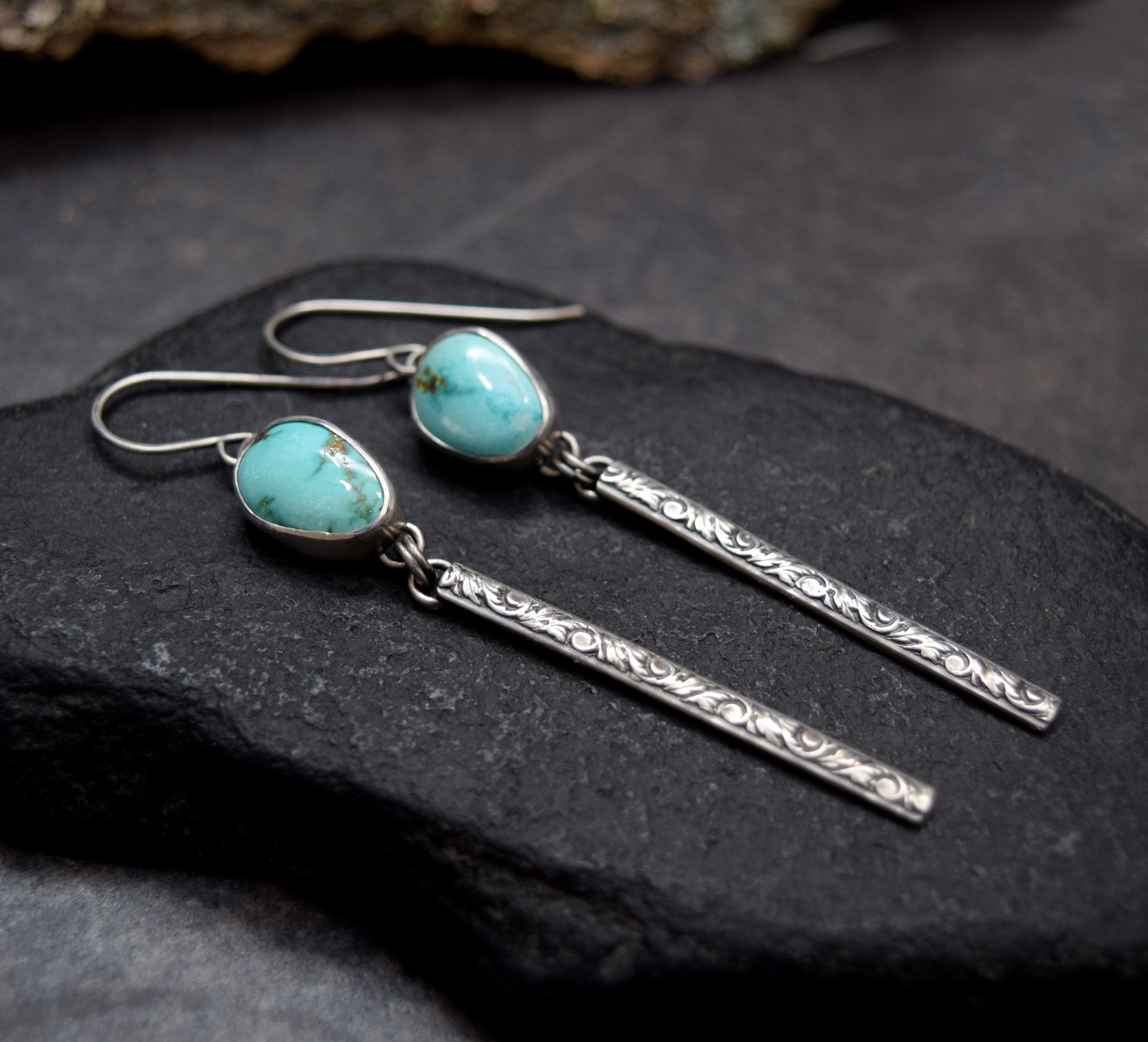 Carico Lake Turquoise & Sterling Silver Bar Dangle Earrings
