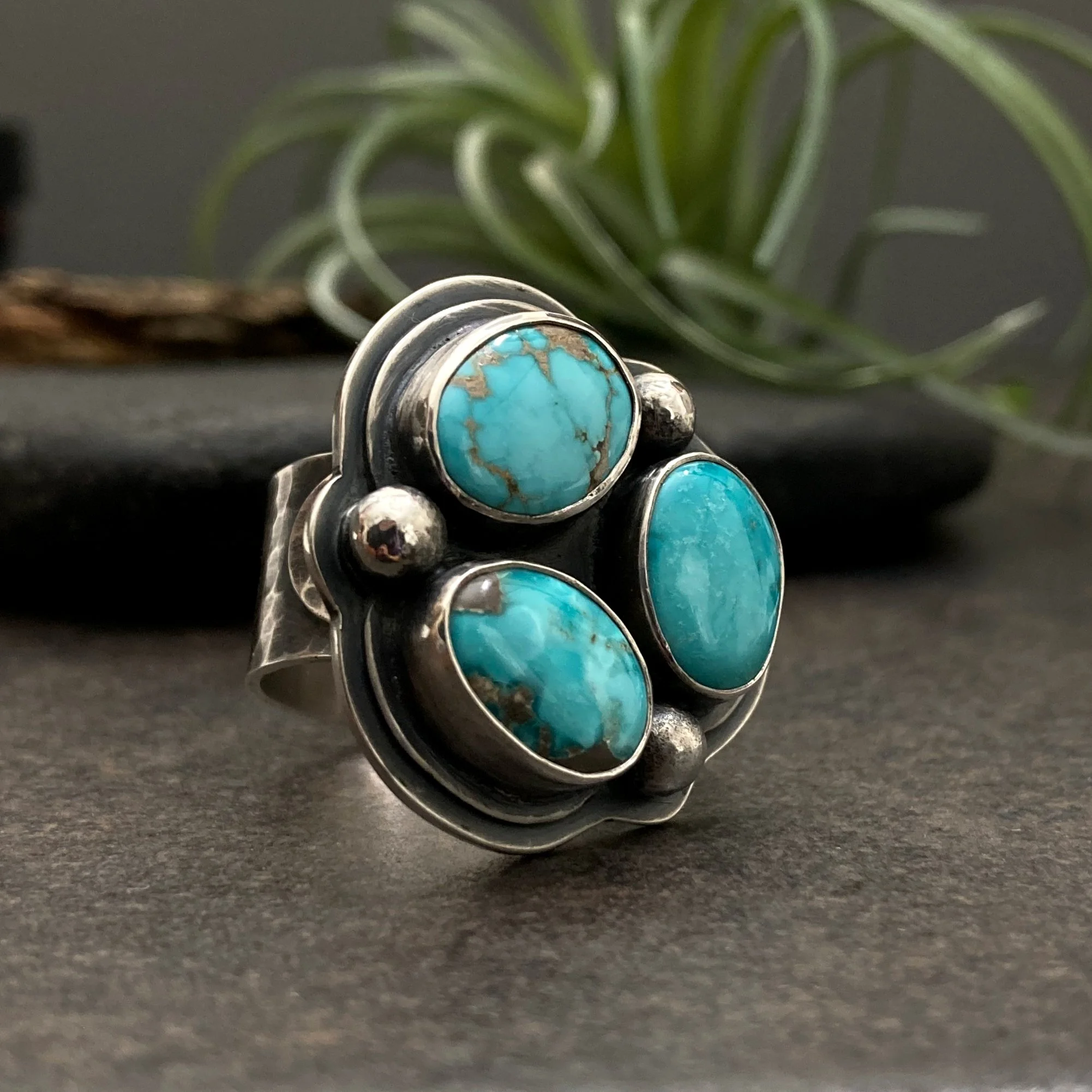 Carico Lake Turquoise 3 Stone Statement Sterling SilverRing