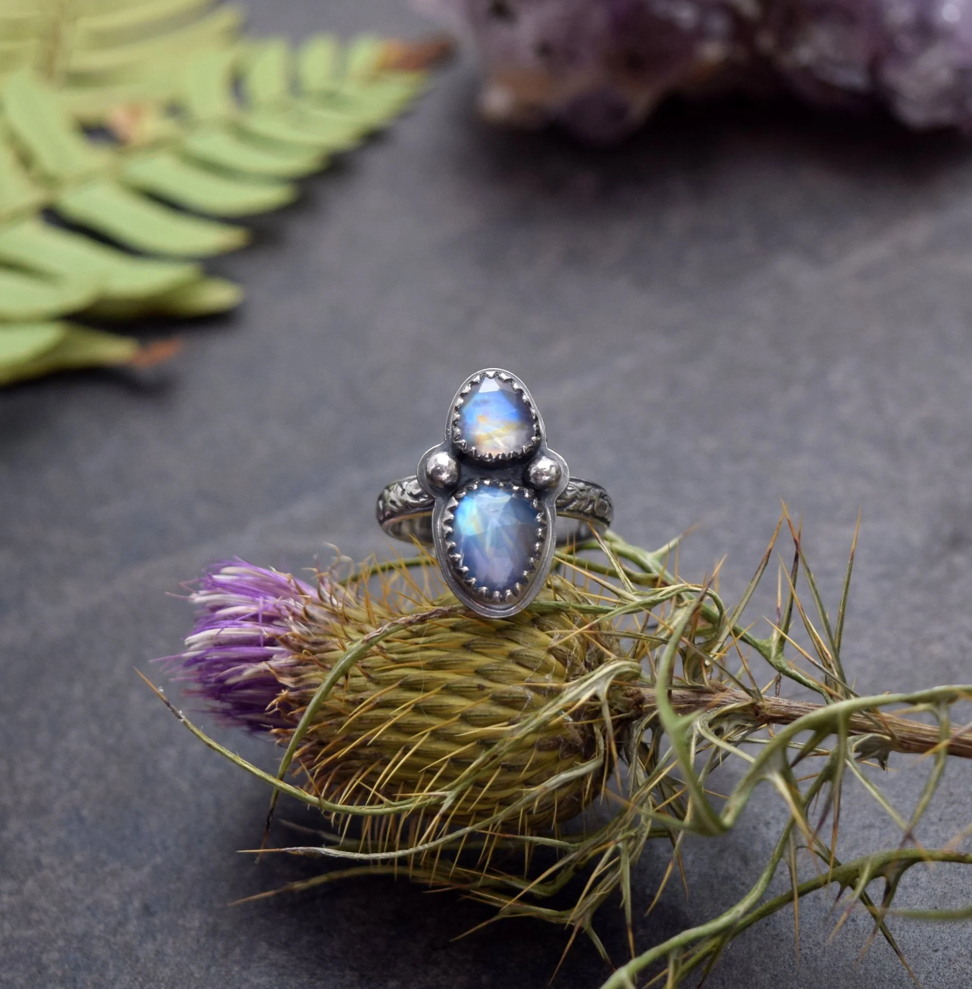 Double Rainbow Moonstone Sterling Silver Stacking Ring