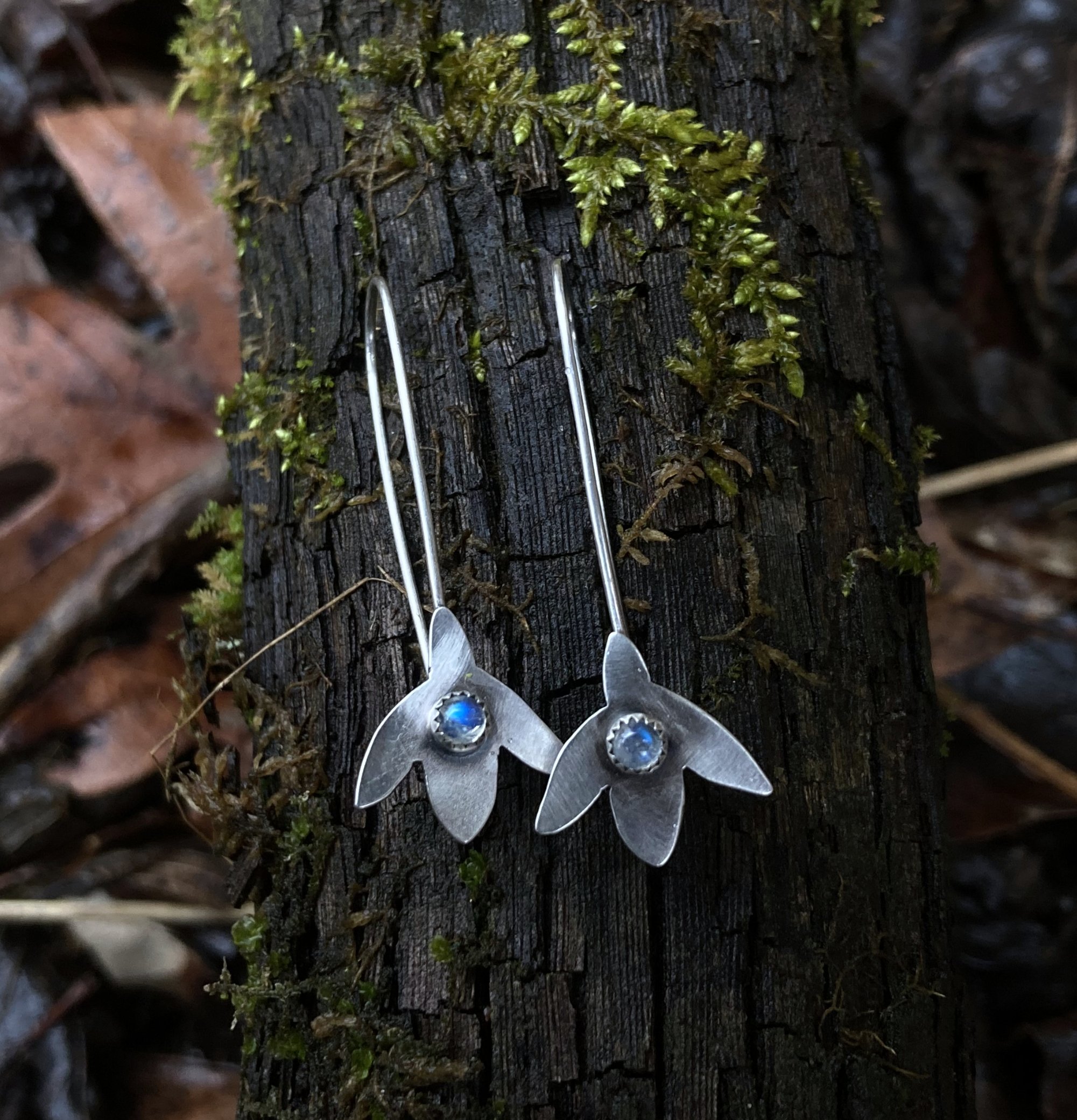 Rainbow Moonstone & Sterling Silver Earrings with Snowdrop Floral Elements