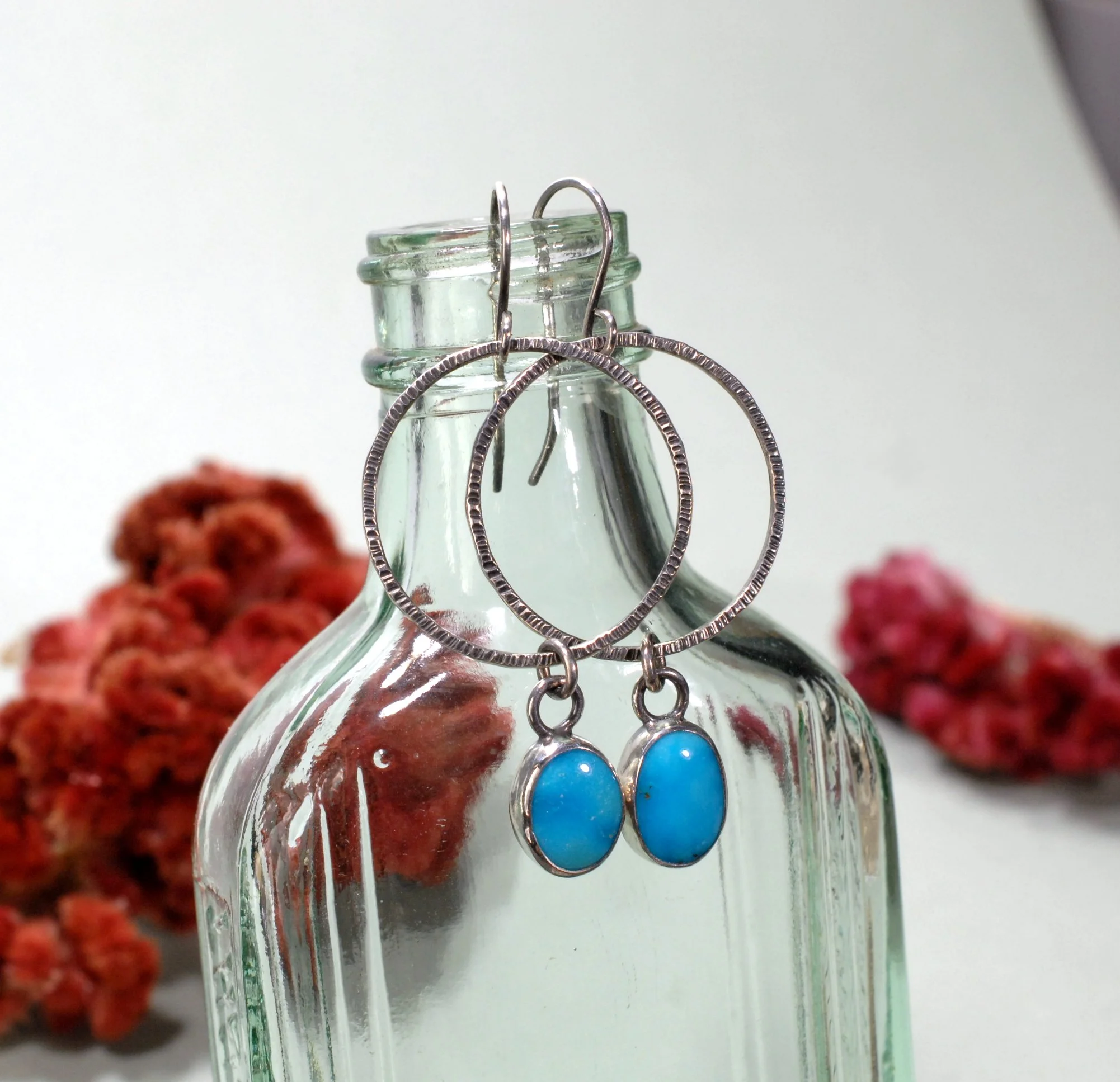 Textured Hoop Earrings in Sterling Silver with Sonoran Rose Turquoise Dangles