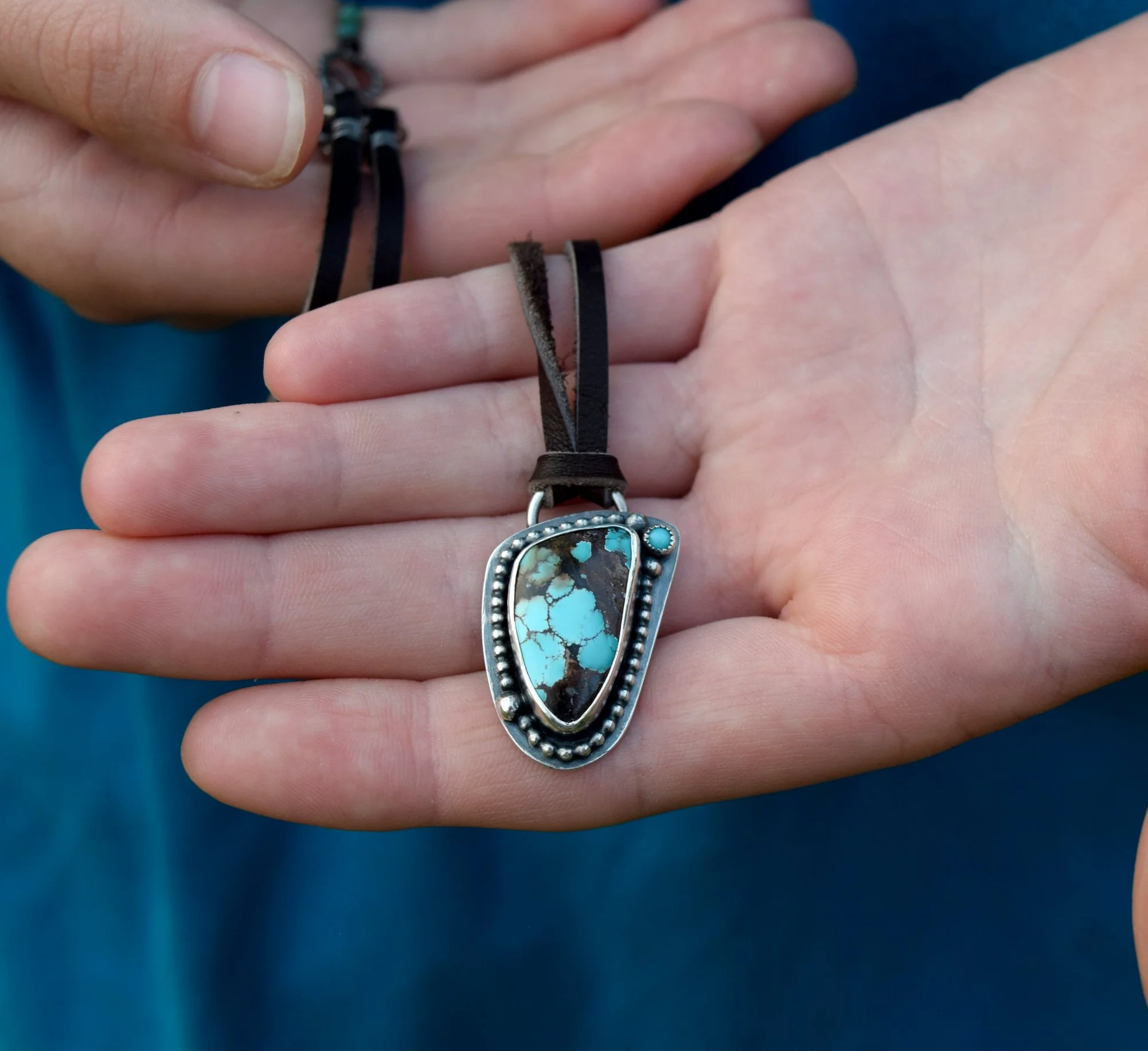 Trumpet Mountain Turquoise with Carico Lake and Chrysocolla Beaded Accents in Sterling Silver