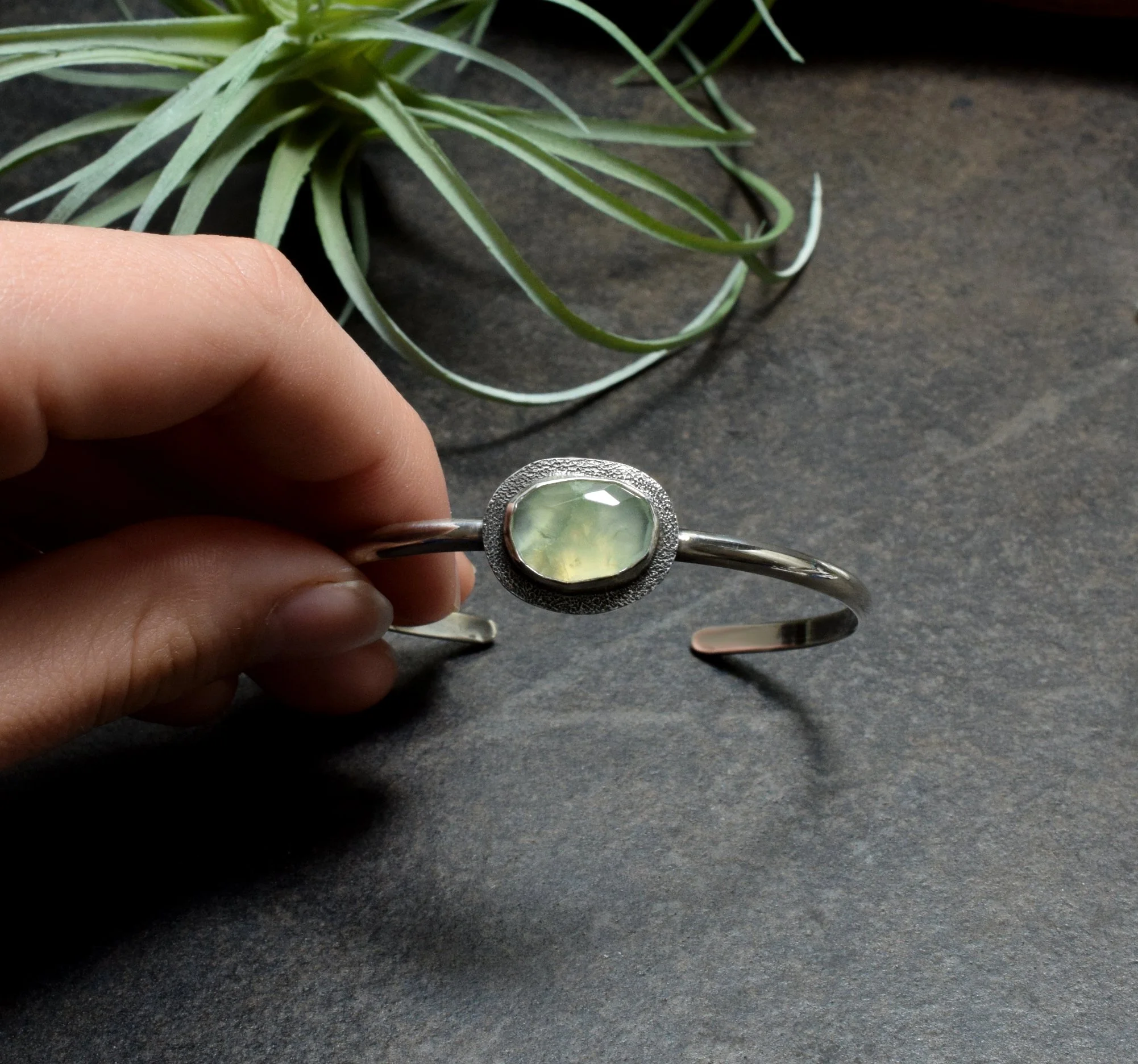Prehnite Minimalist Cuff Bracelet in Sterling Silver