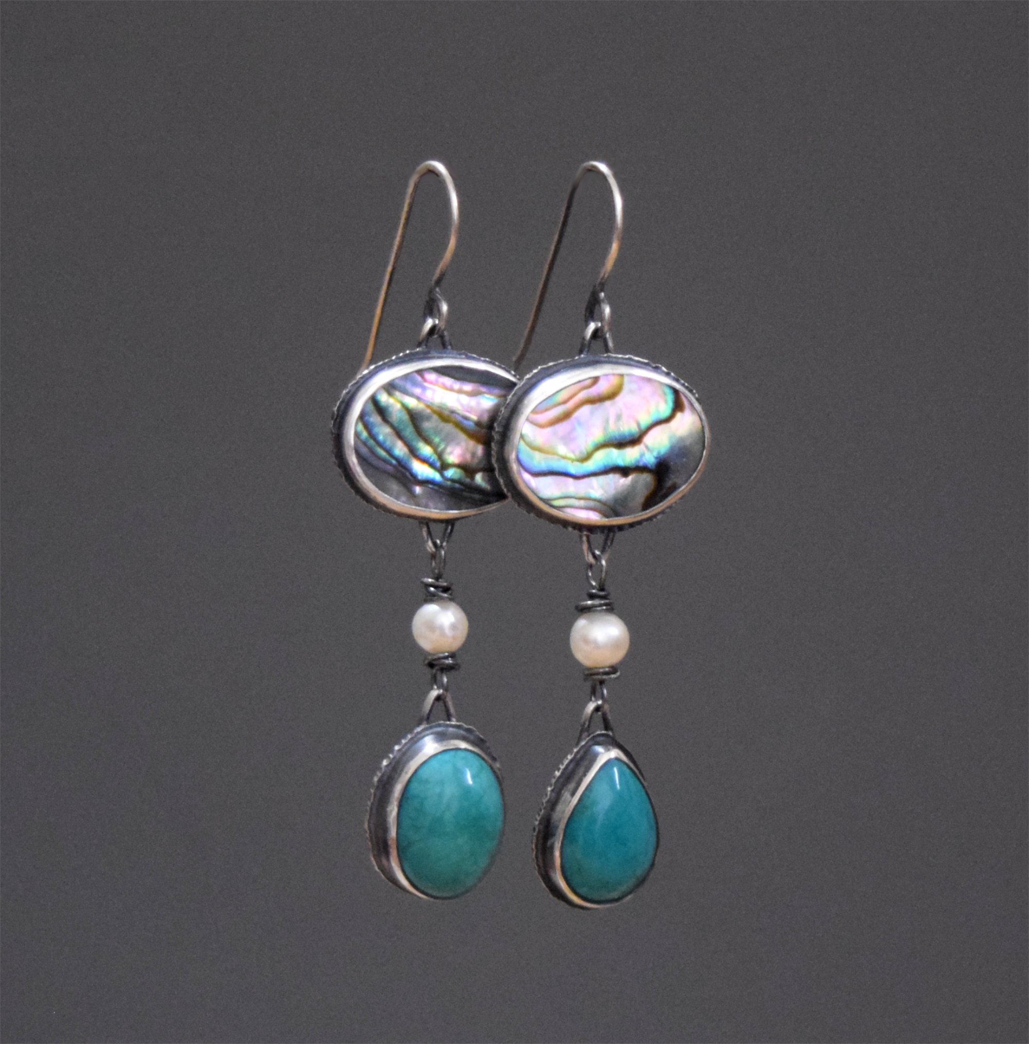 Kingman Turquoise Abalone Pearls Sterling Silver Dangle Earrings, Artisan Handmade Boho Luxe, Designer Jewelry