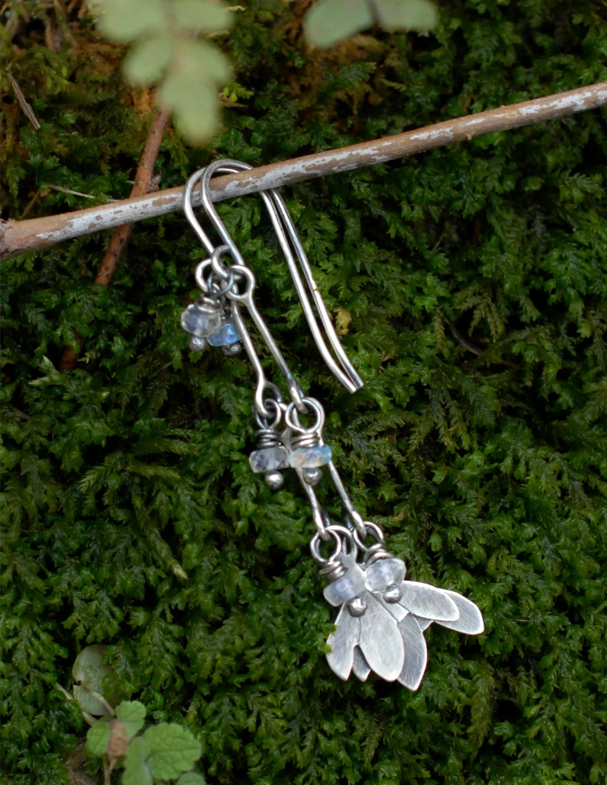 Rainbow Moonstones & Sterling Silver Beaded Dangle Earrings with Snowdrop Elements