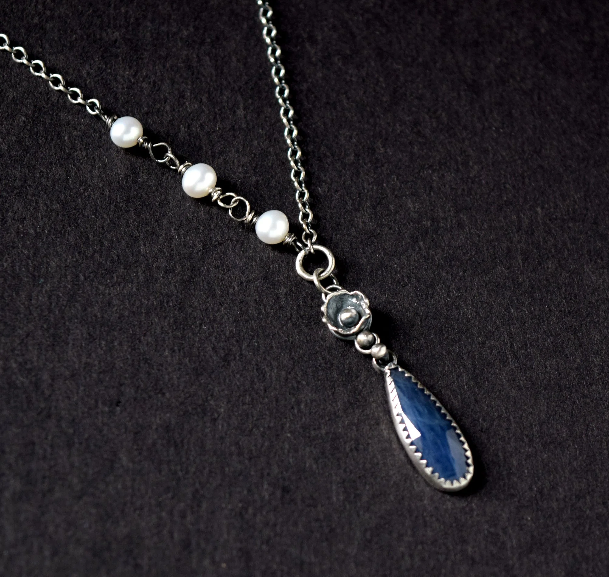 Elegant Blue Sapphire and Freshwater Pearl Necklace with Organic Sterling Silver Flower
