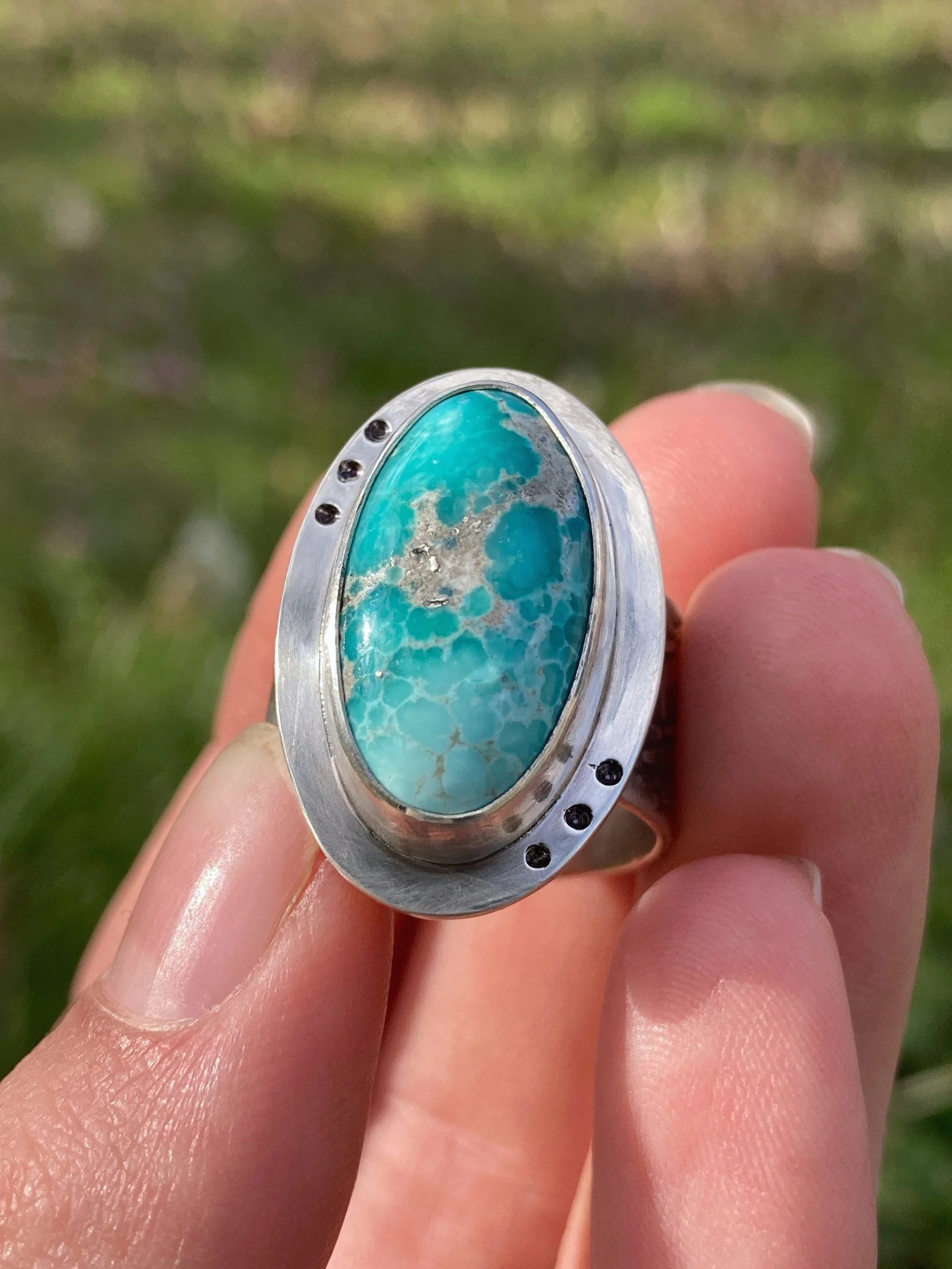 White Water Turquoise with Golden Pyrite Flecks Sterling Silver Ring