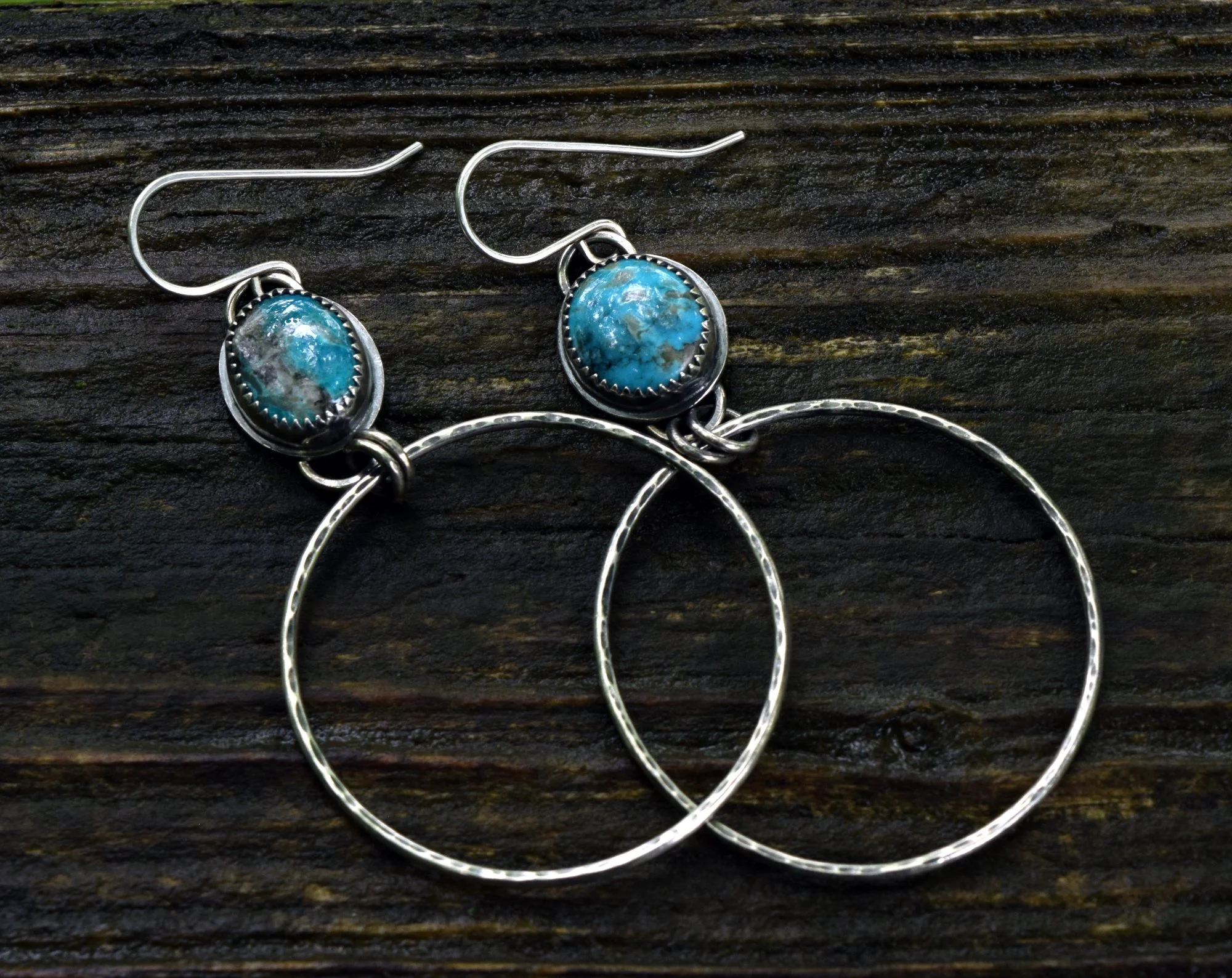 Bright Blue Kingman Turquoise & Sterling Silver Statement Hoop Earrings