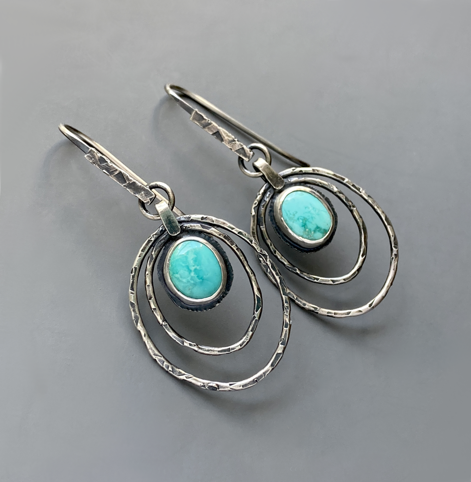 Sterling Silver Turquoise Dangle Earrings, Rustic Texture, Raw Primitive Style, Artisan Silversmith Handmade