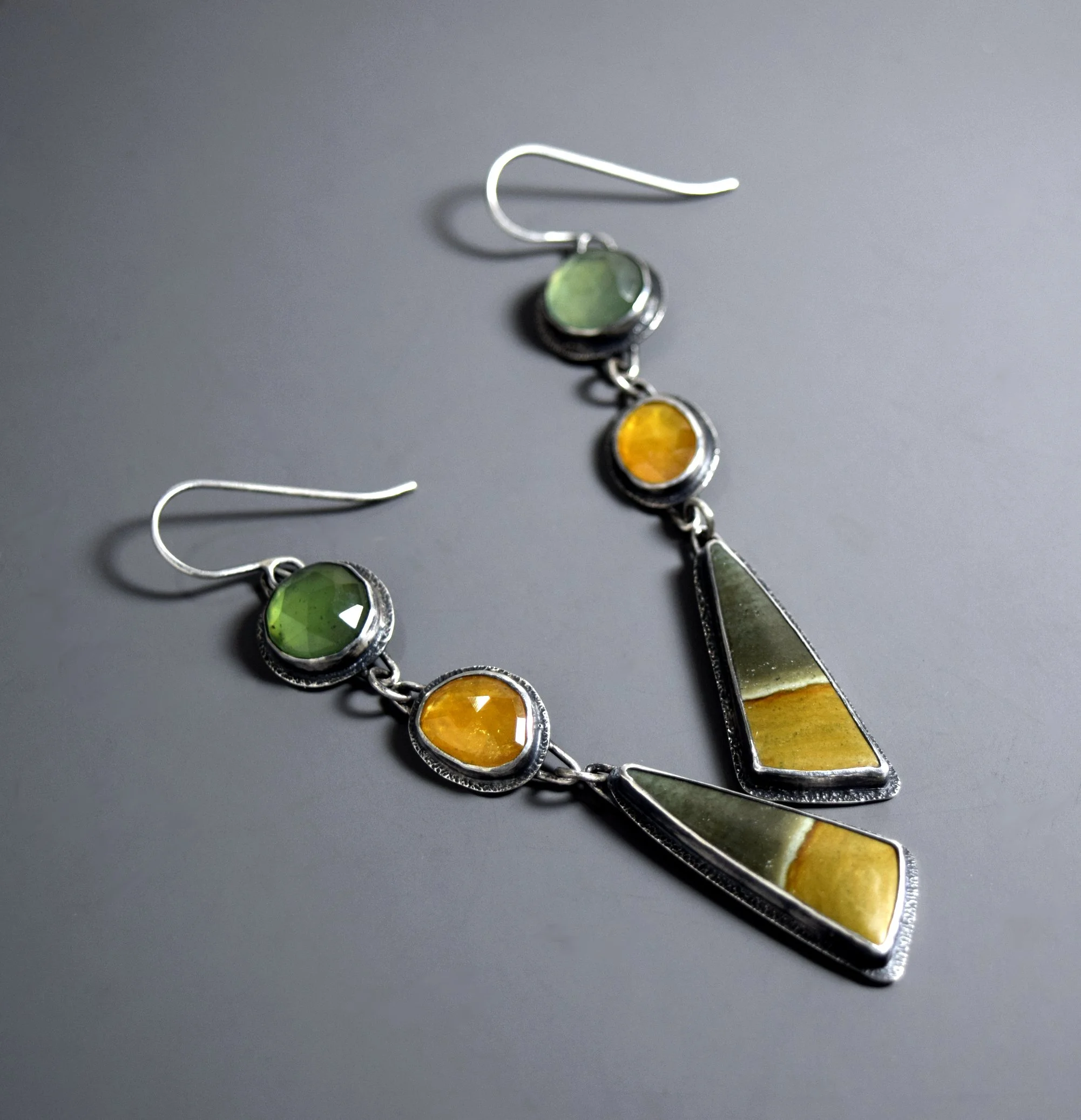 Serpentine, Yellow Sapphire, & Polychrome Jasper Multi Stone Statement Dangle Earrings in Sterling Silver