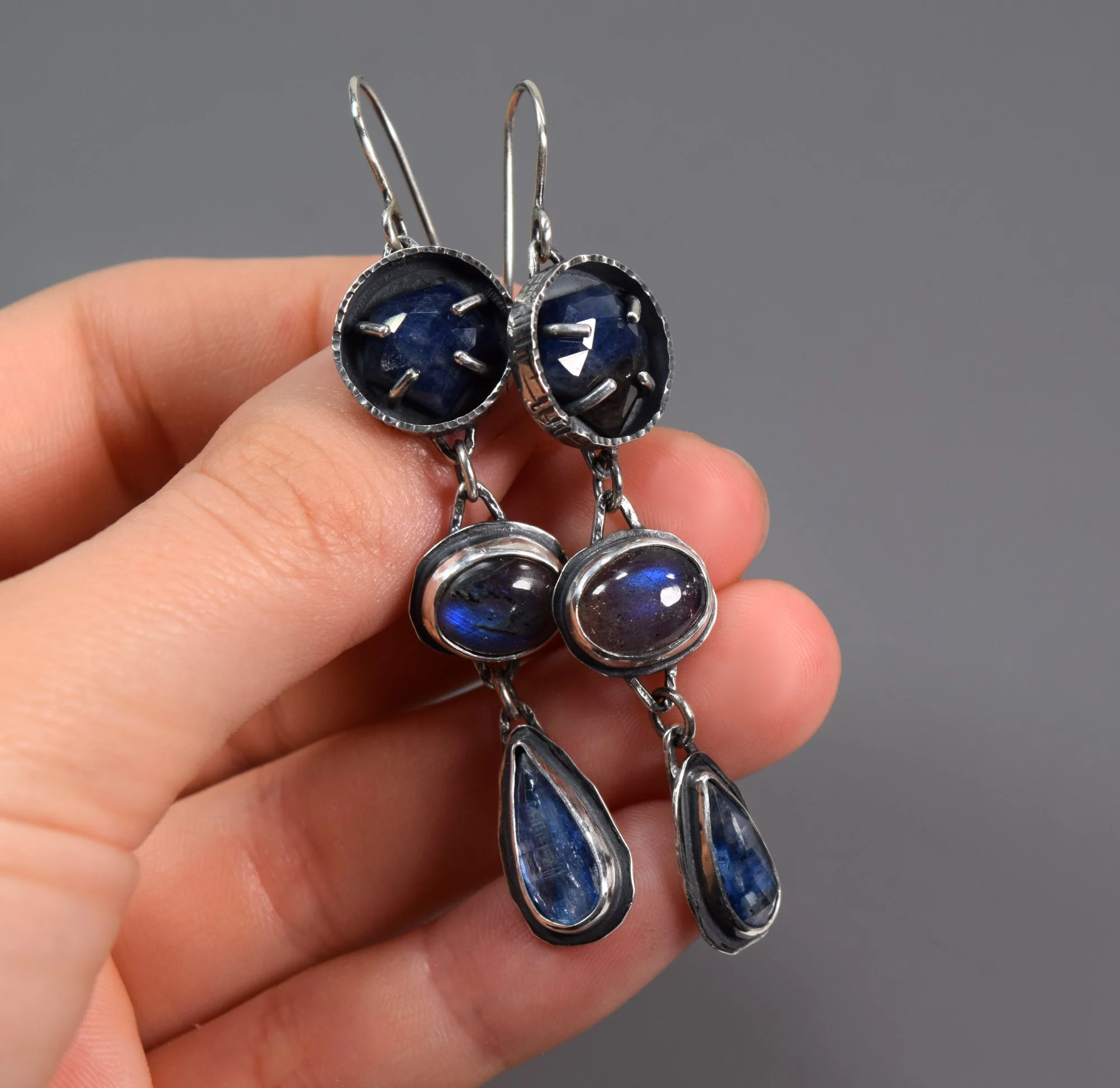 Blue Sapphire, Labradorite, & Kyanite Multi Stone Statement Dangle Earrings in Sterling Silver