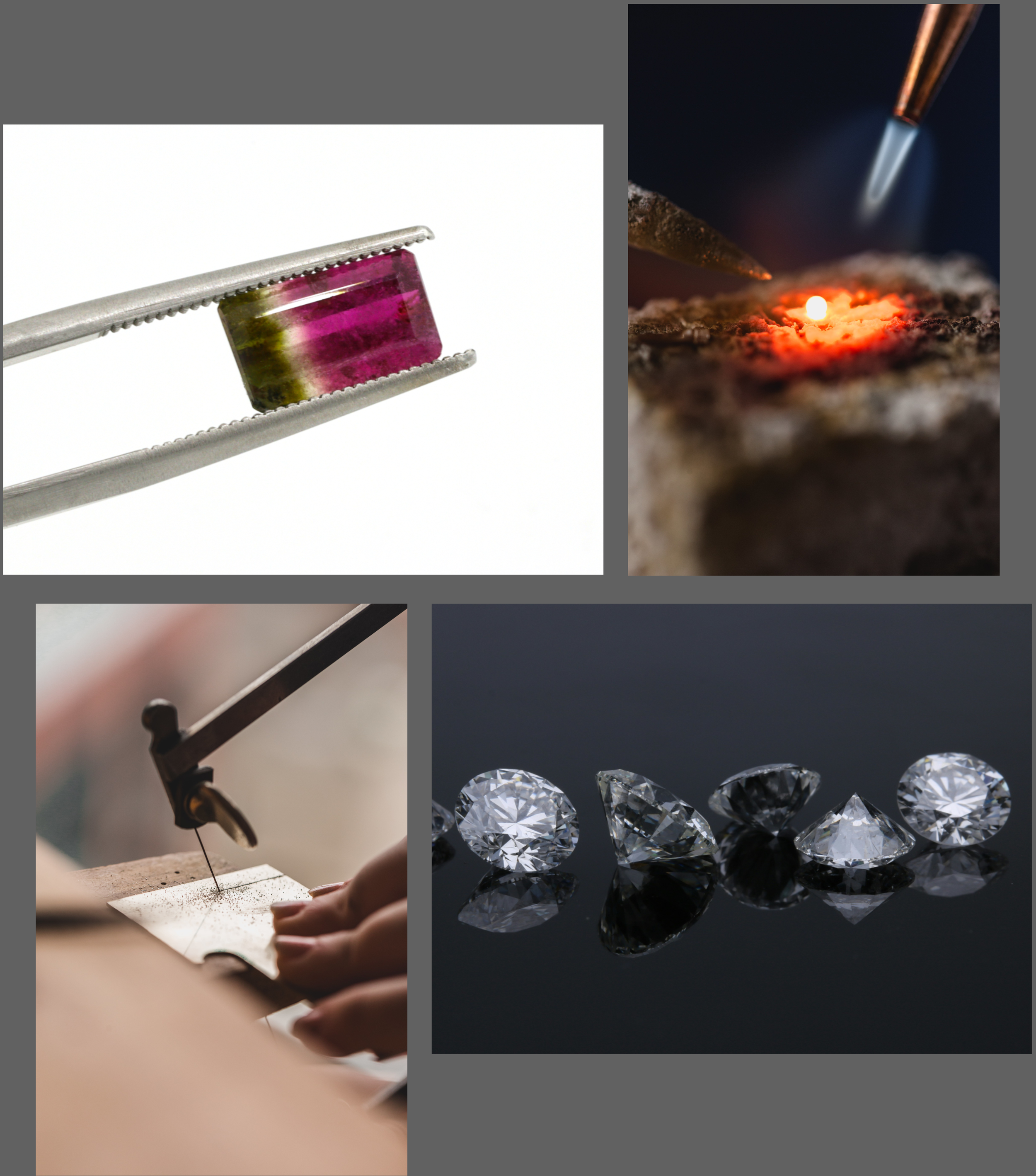 Top left: a close-up of a pink and green gemstone held with tweezers. Top right: a diamond being cut with a laser. Bottom left: a person sawing a gemstone using a jeweler's saw. Bottom right: a row of five cut diamonds on a reflective surface.
