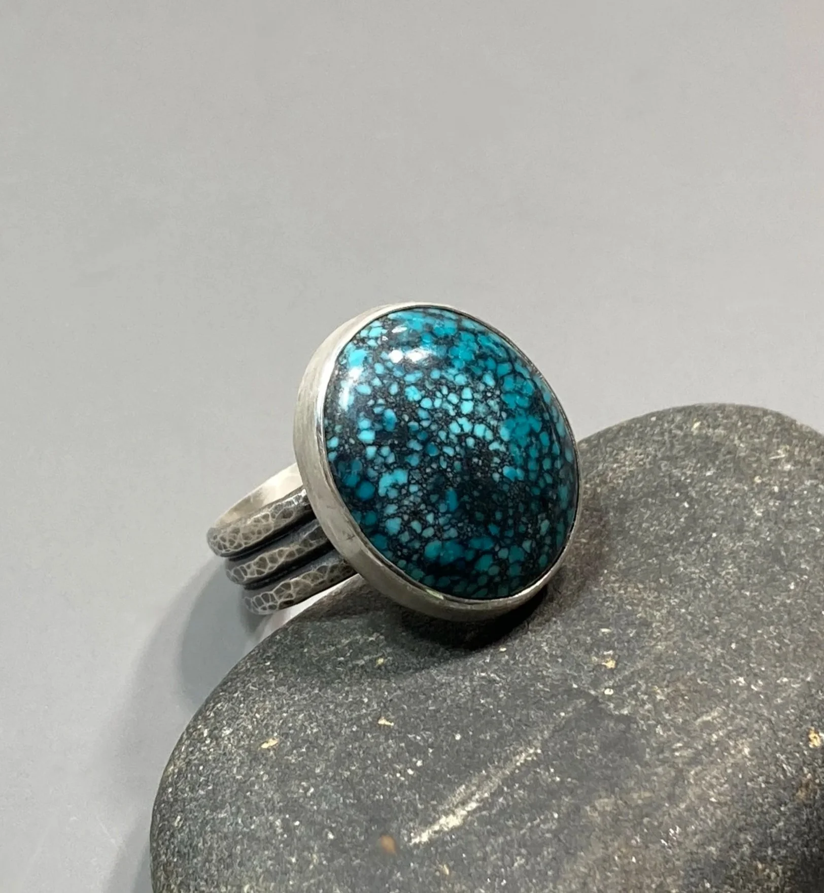 Turquoise Sterling Silver Ring Size 7.75-8.25 Hammered Wide Band, Oxidized Boho Rustic