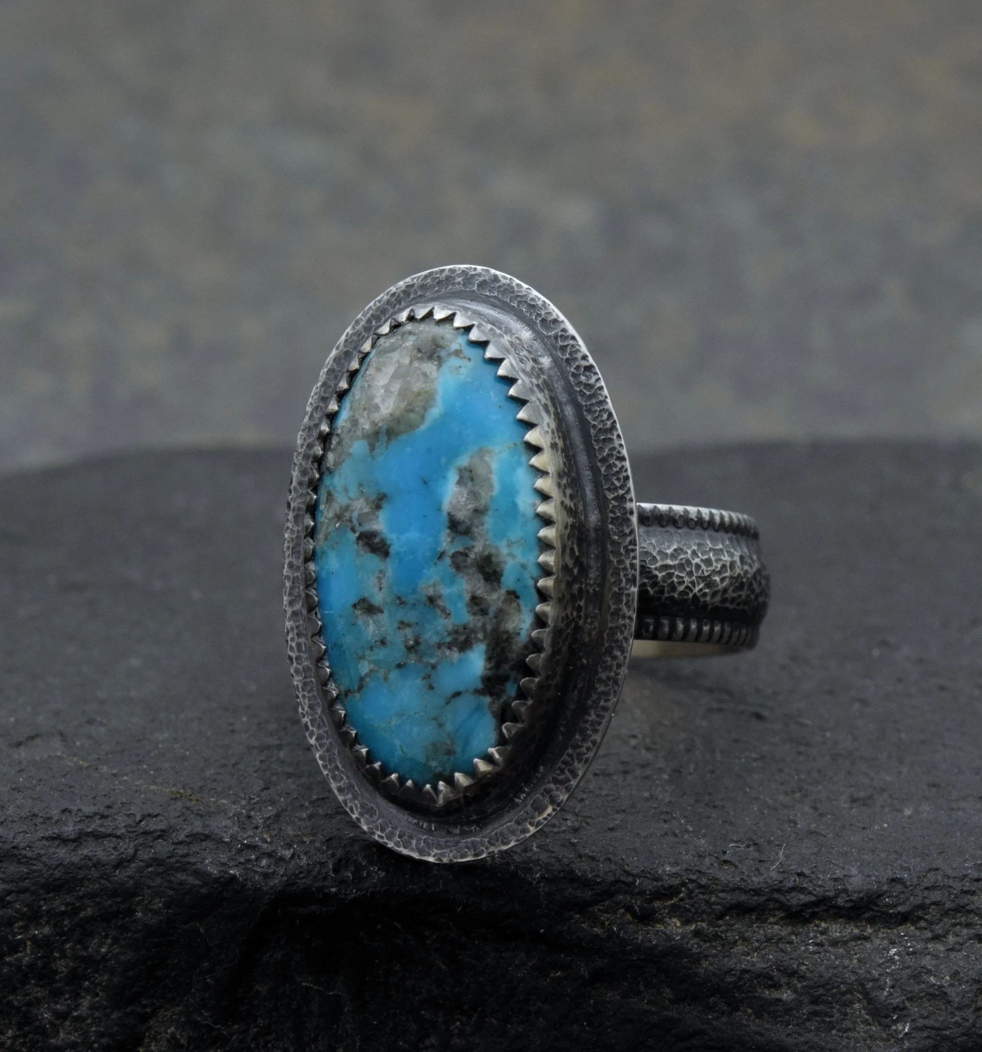 Textured Sterling Silver & Black Matrix Kingman Turquoise Ring