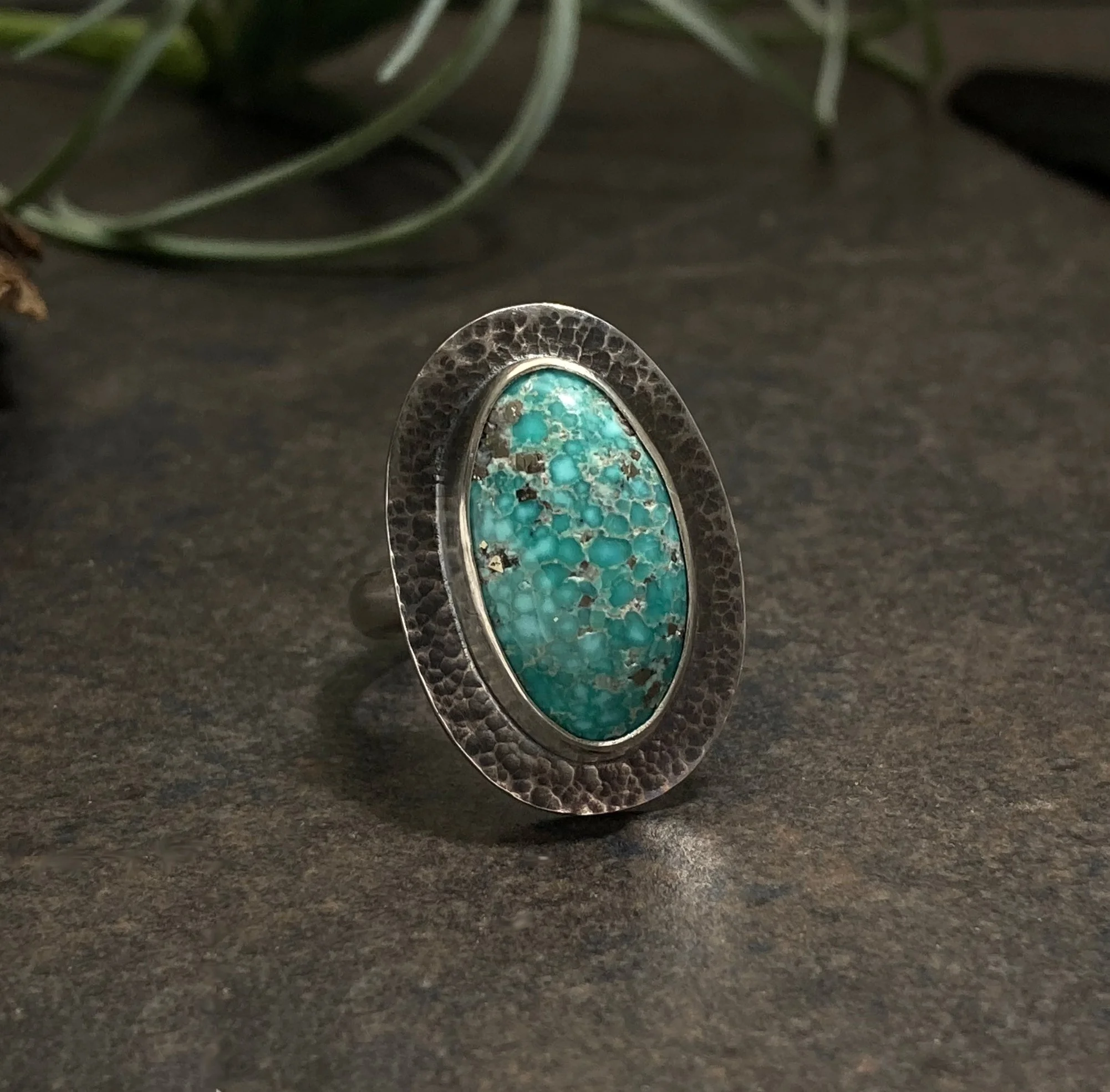 Textured Sterling Silver & White Water Turquoise Adjustable Ring