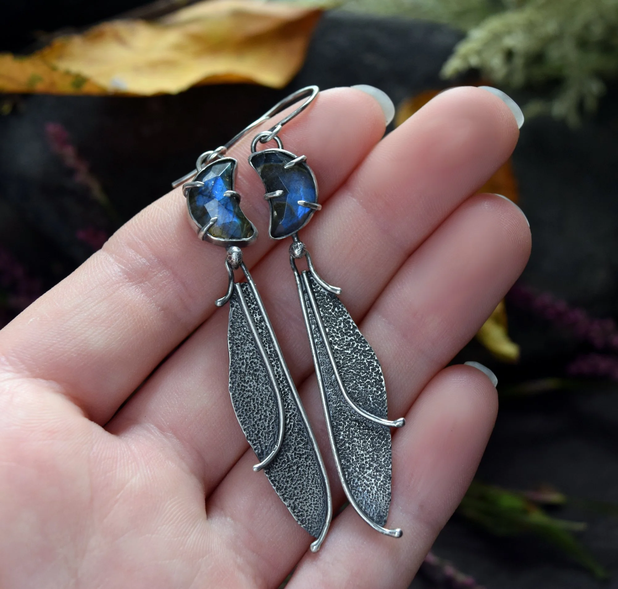 Labradorite Crescent Moon & Dragonfly Wings Statement Earrings in Sterling Silver