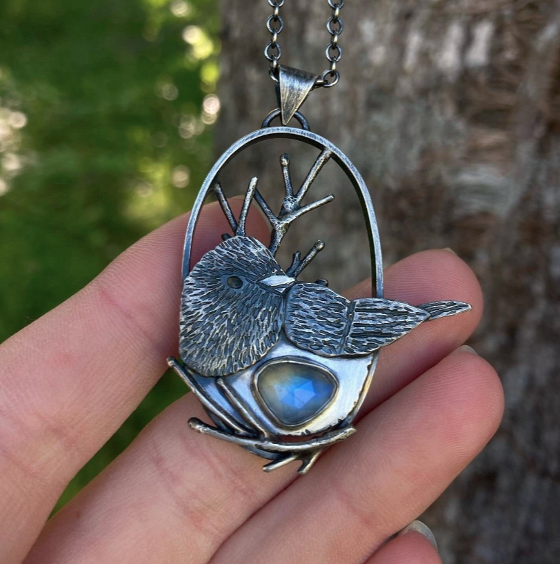 Snowbird Pendant in Sterling Silver & Rainbow Moonstone