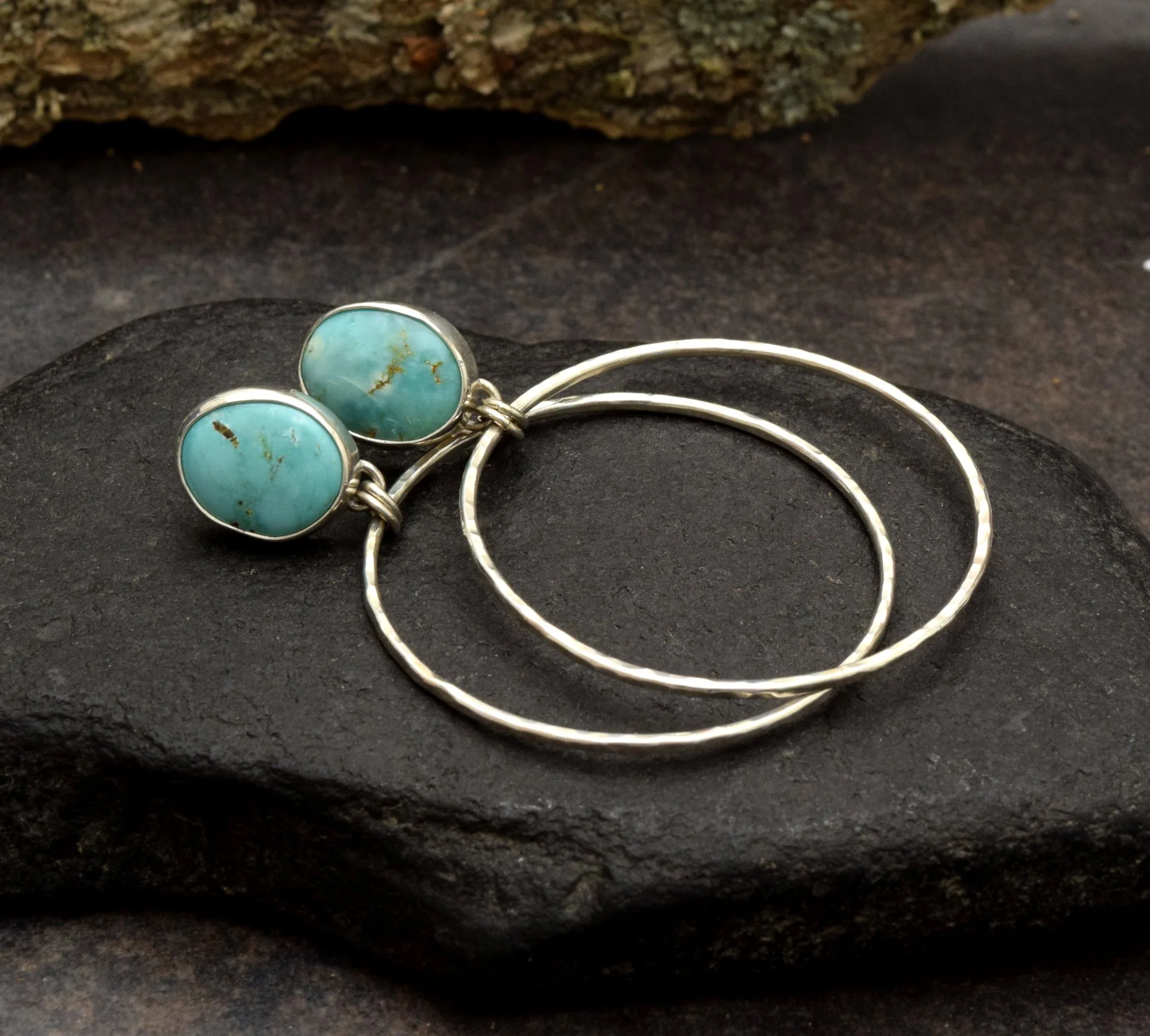 Carico Lake Turquoise & Hammered Sterling Silver Hoop Earrings