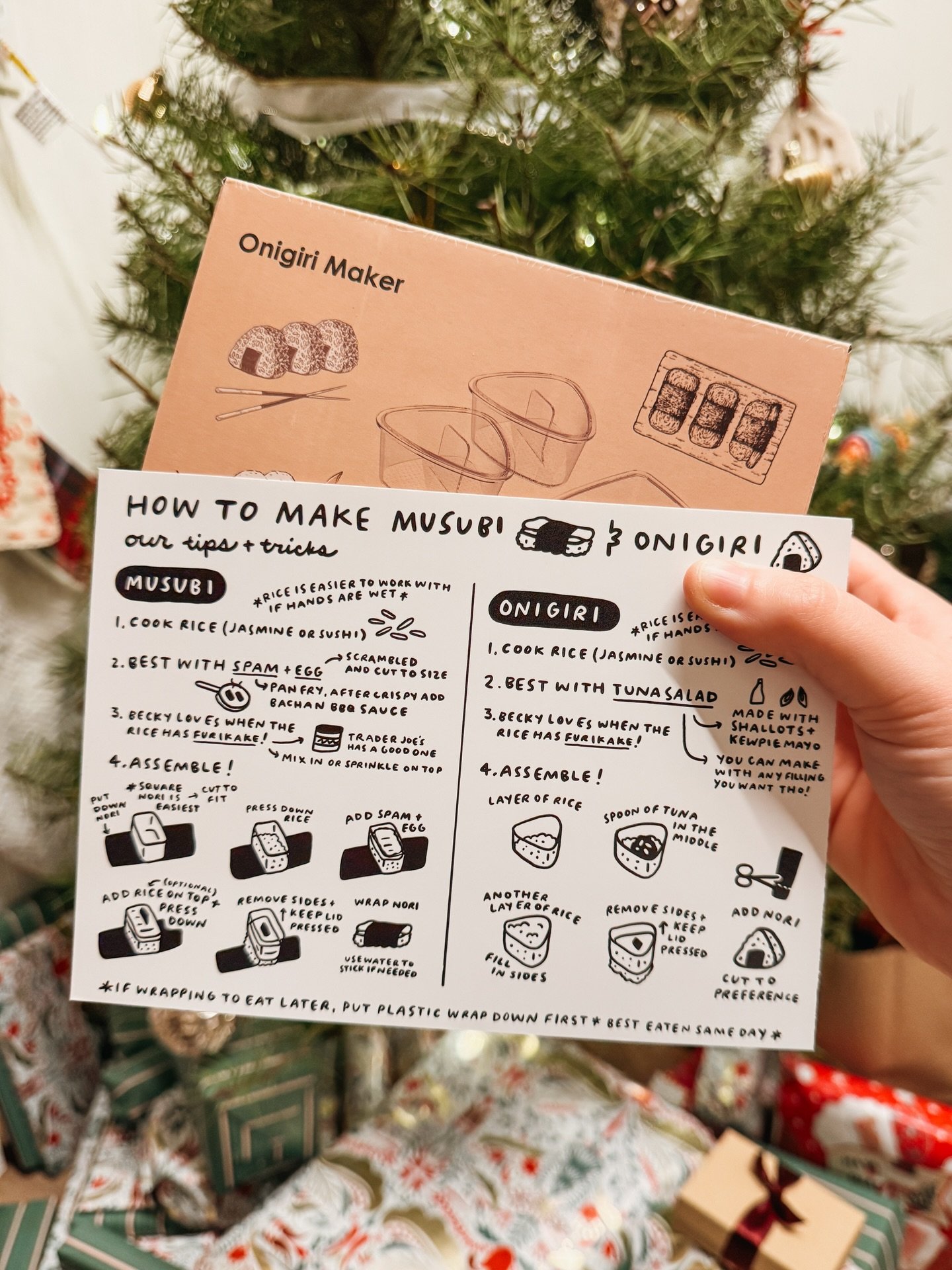 A Christmas gift with a little handmade touch 

Notes for my favorite ways to make musubi and onigiri to accompany a maker kit. Drawn on procreate and printed copies at Walgreens 🙂