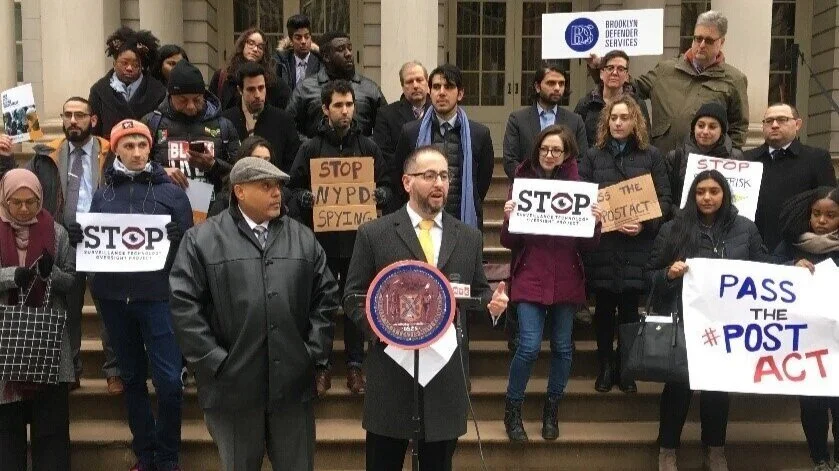 Albert Cahn speaking at the 2019 POST Act Hearing Press Conference