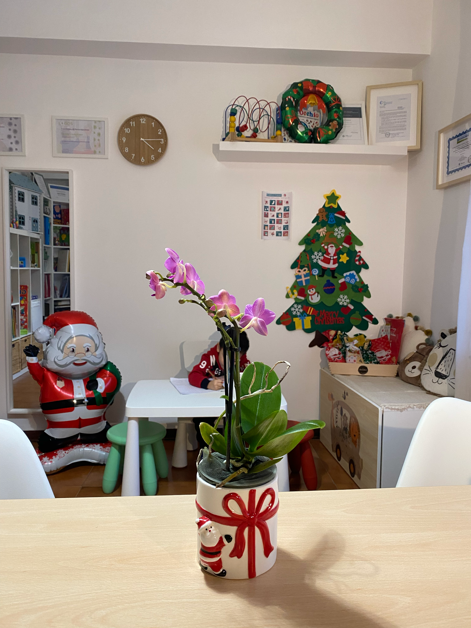 Decorazioni natalizie e una pianta di orchidea in un ambiente domestico. Sopra una mensola ci sono ghirlande e altri addobbi natalizi. In basso una figura di Babbo Natale in forma di palloncino.