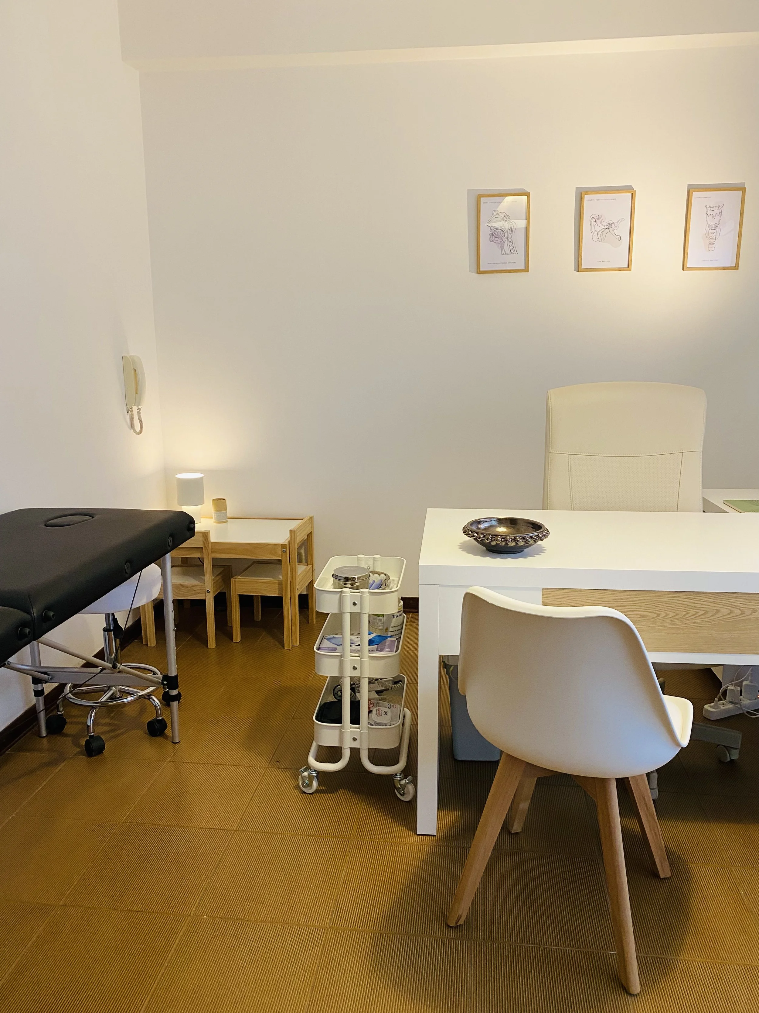 Studio medico con letto di massaggi, sedia per pazienti, carrello con strumenti medici e decorazioni sulle pareti con disegni anatomici.