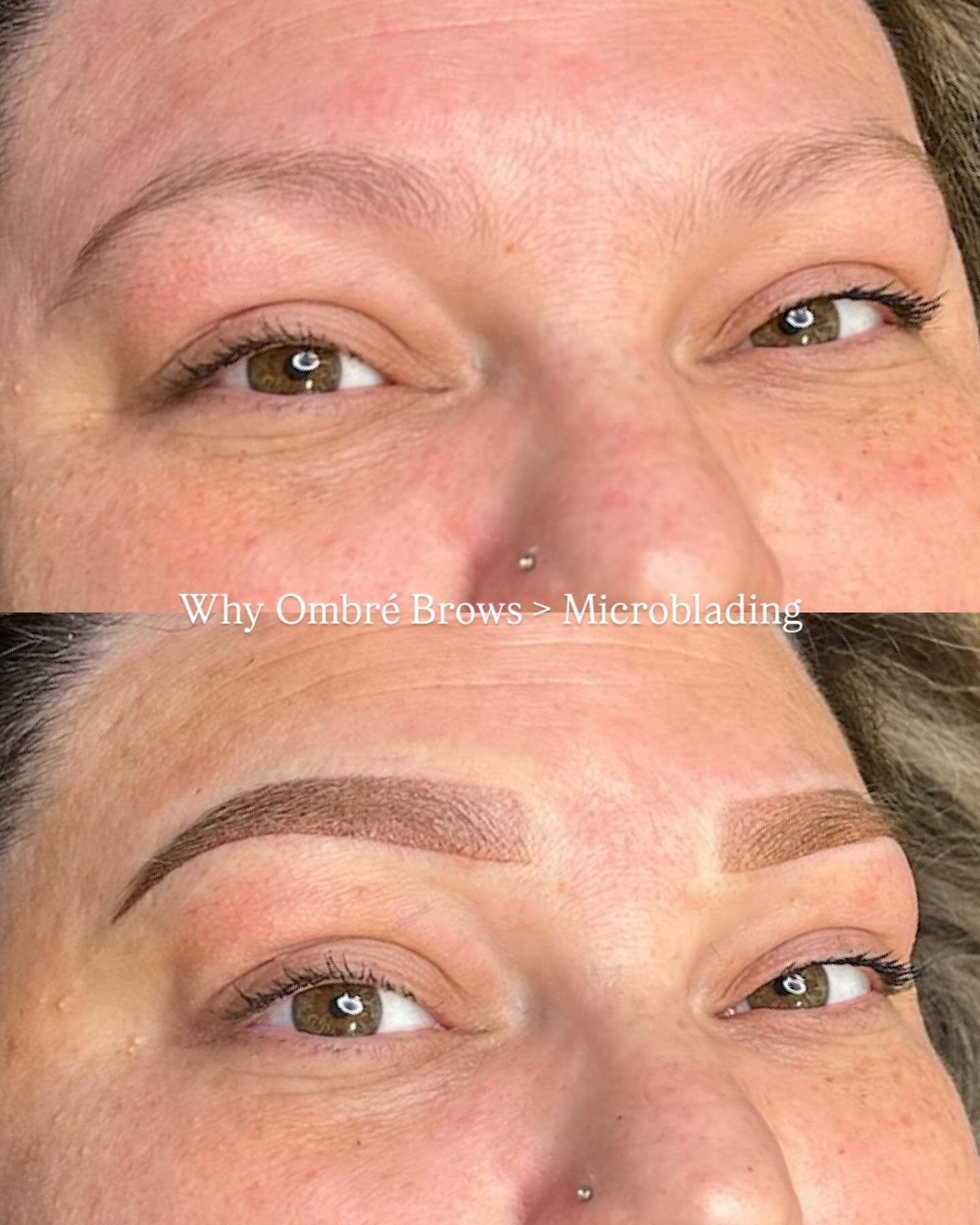 Ombré vs. Microblading, let’s clear it up 👇
If you’ve been torn between the two, here’s the truth:
✅ Less trauma to the skin
✅ More natural-looking fade
✅ Longer-lasting results (yes, really!)
Microblading has its place