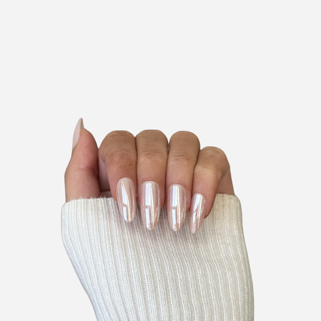 Pink glazed press-on nails in almond