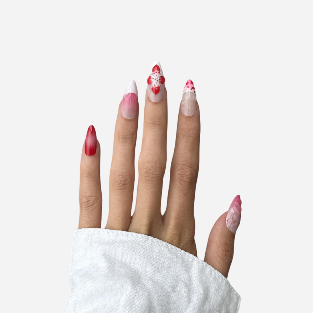 Pink, red and flower press on nails