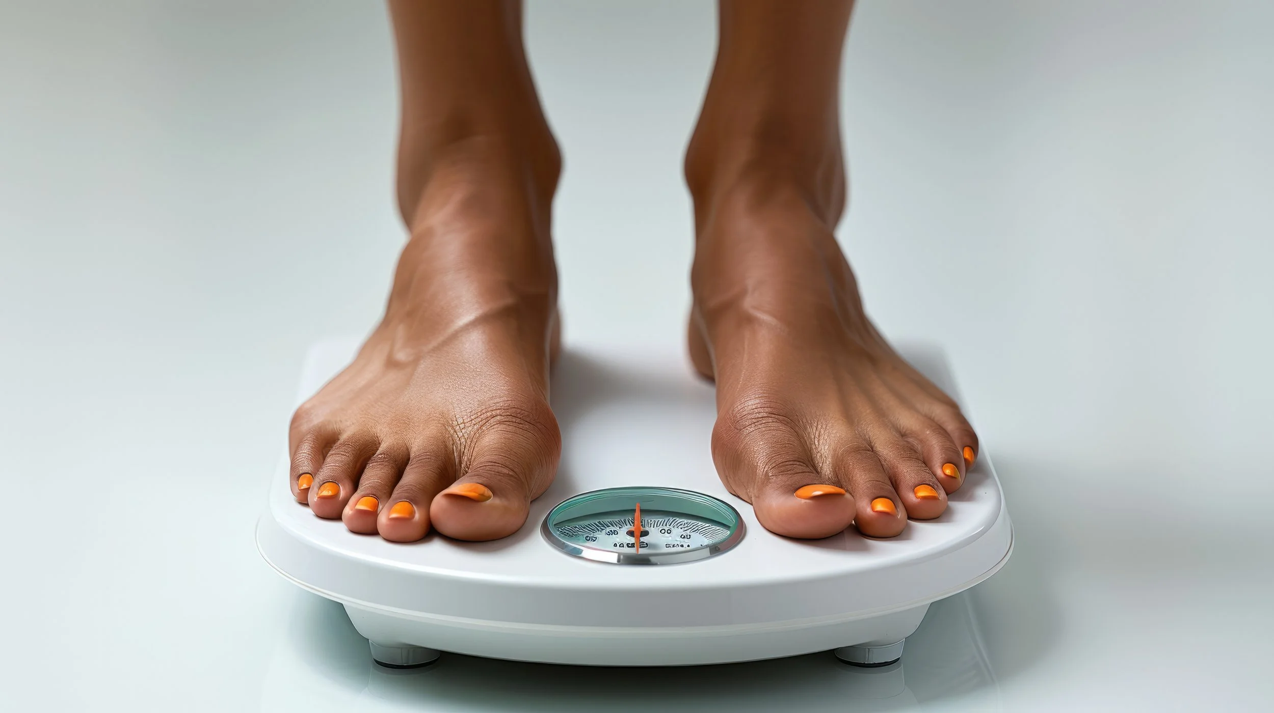 A person standing on a white analog weighing scale with orange toenail polish.