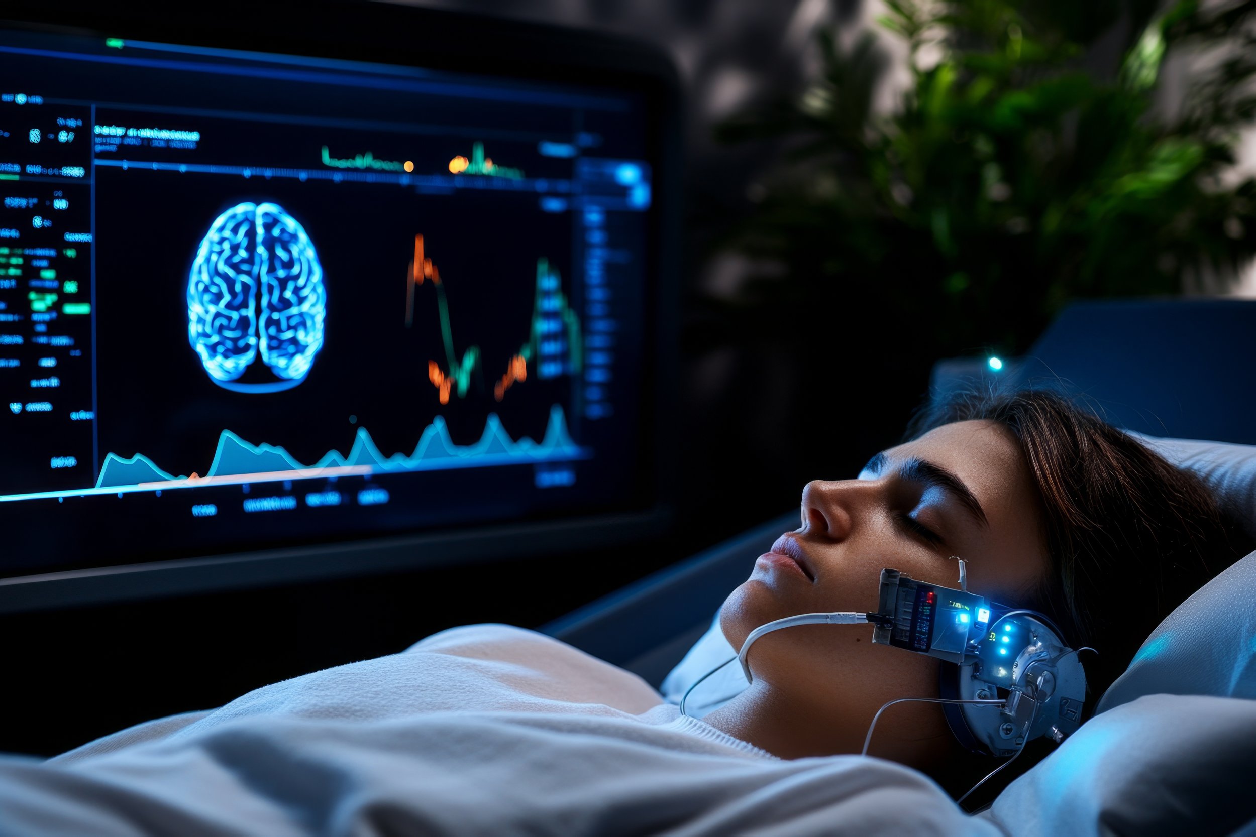 A woman is lying in a hospital bed with an EEG cap on her head, connected to medical equipment. A monitor displays brain activity graphs and a digital image of a brain, indicating neurological monitoring or testing.