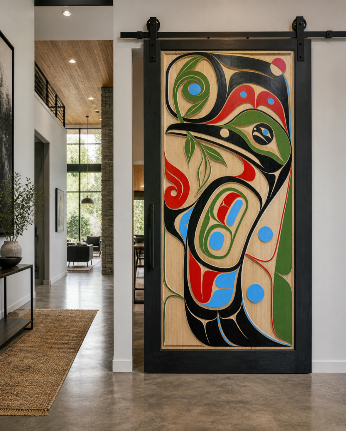 This beautiful hummingbird design adds sheer joy to the space in this home. Hand carved yellow cedar with paint.