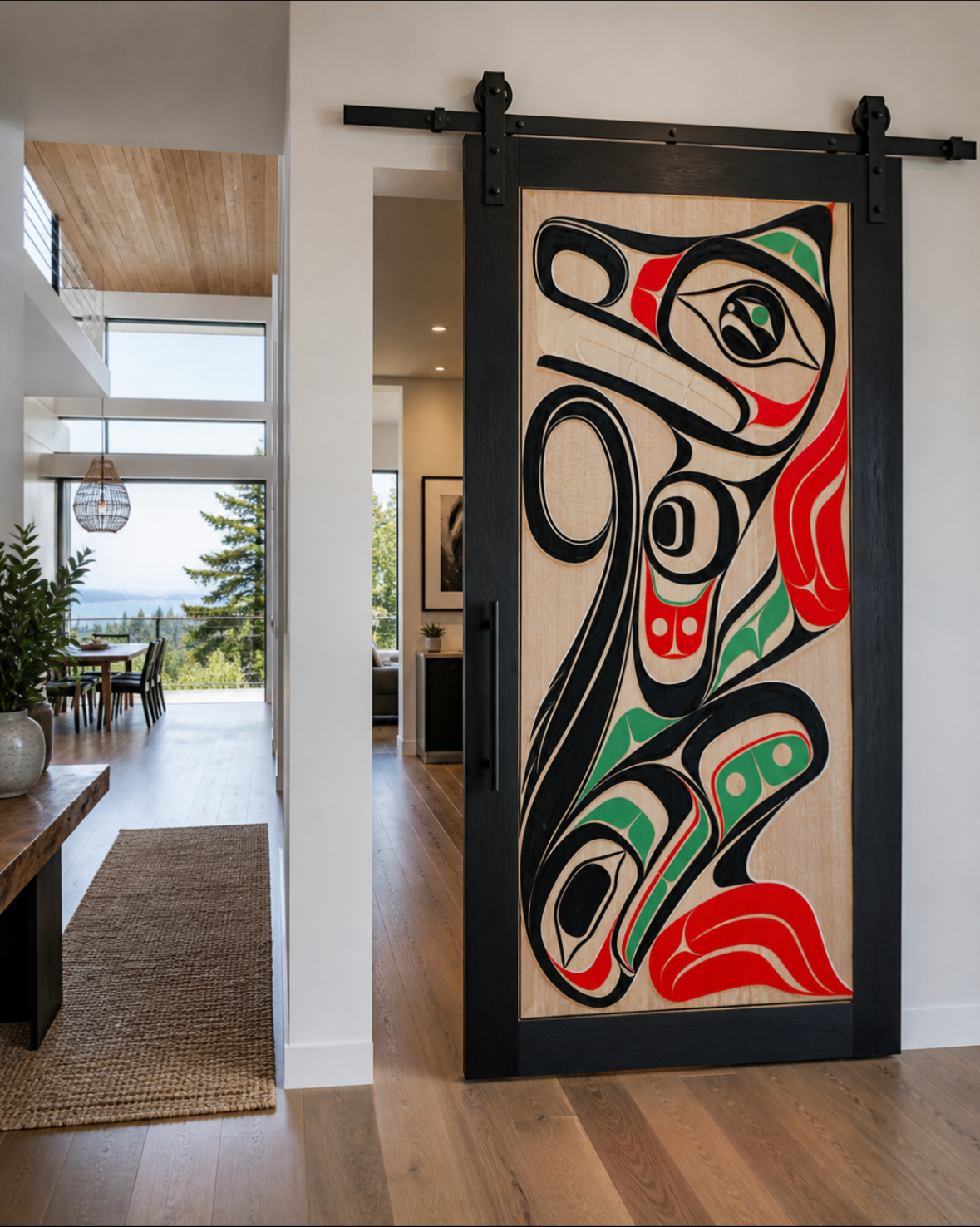 West coast feel, this wolf design adds sheer joy to this west coast home. Yellow cedar hand carved and painted. 