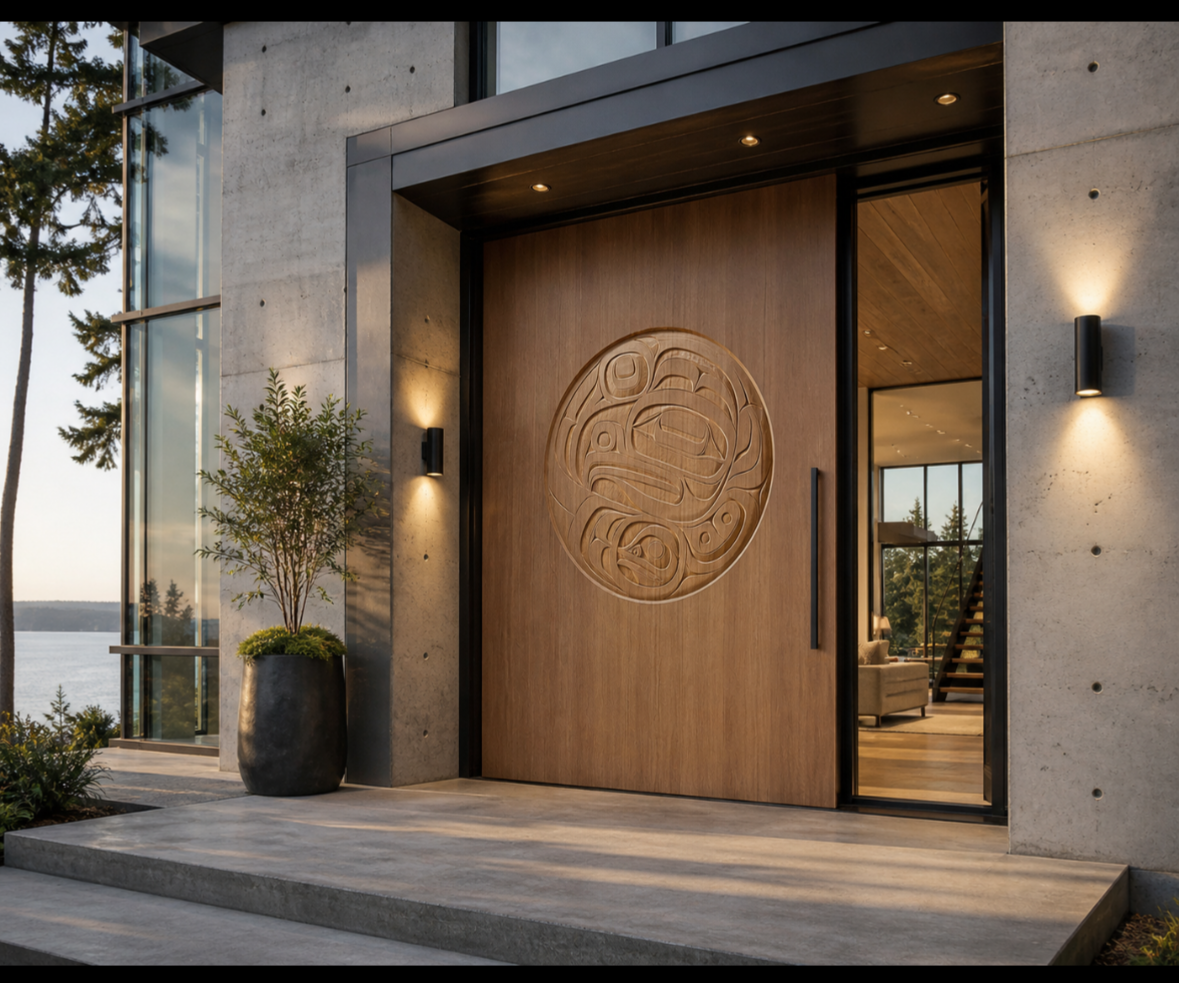 A beautiful hand carved, exterior, red cedar door with a subtle elegant design of an eagle. 