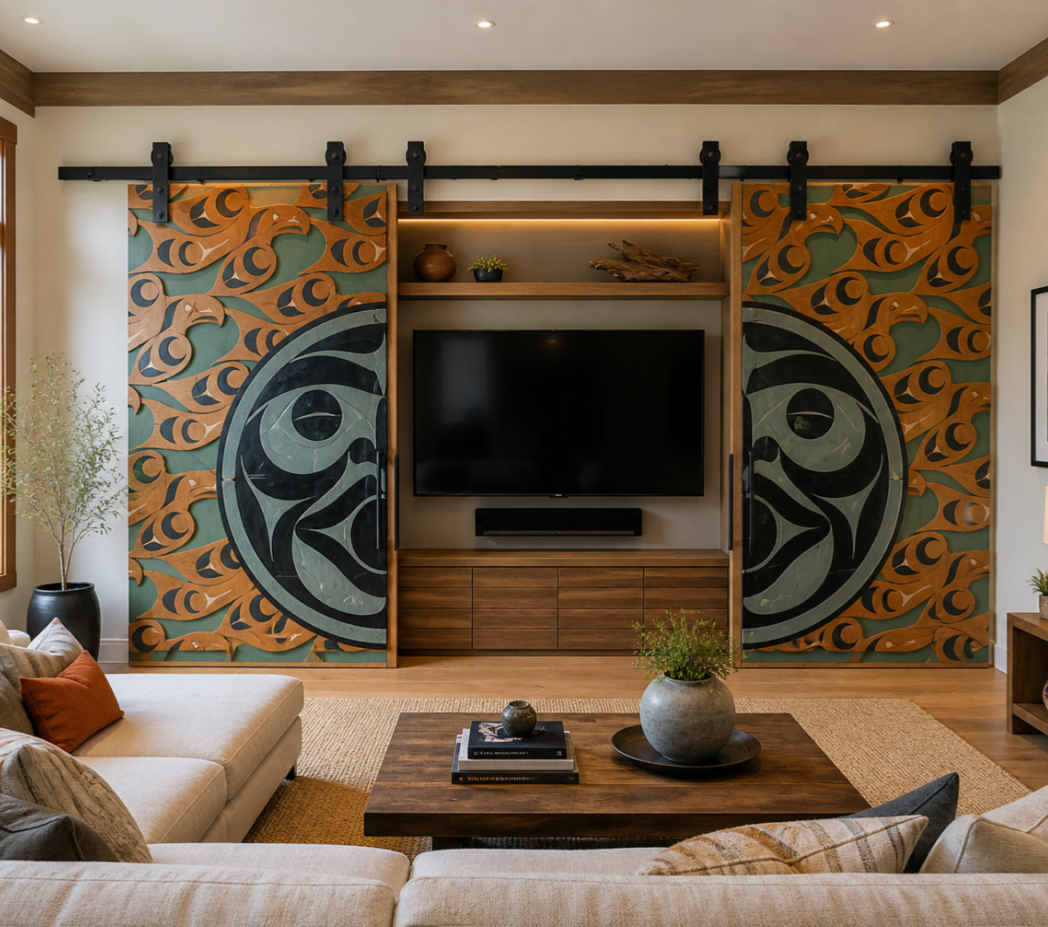 These are hand carved door with sand carved glass attached. Beautifully executed these barn style doors close off the entertainment system for formal gatherings. 
