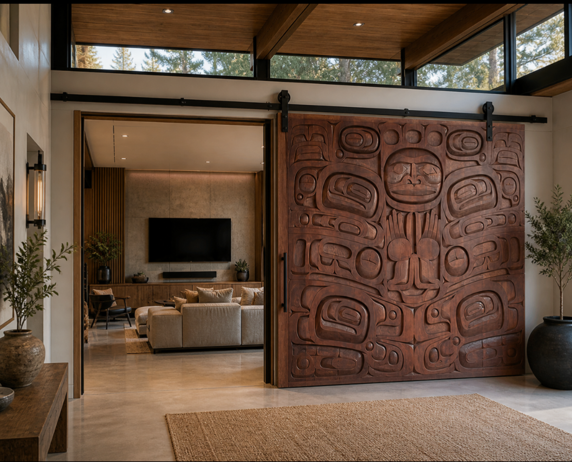 This is a large 8’x8’ sliding wall panel, hand carved in red cedar and finished in a red oil. 