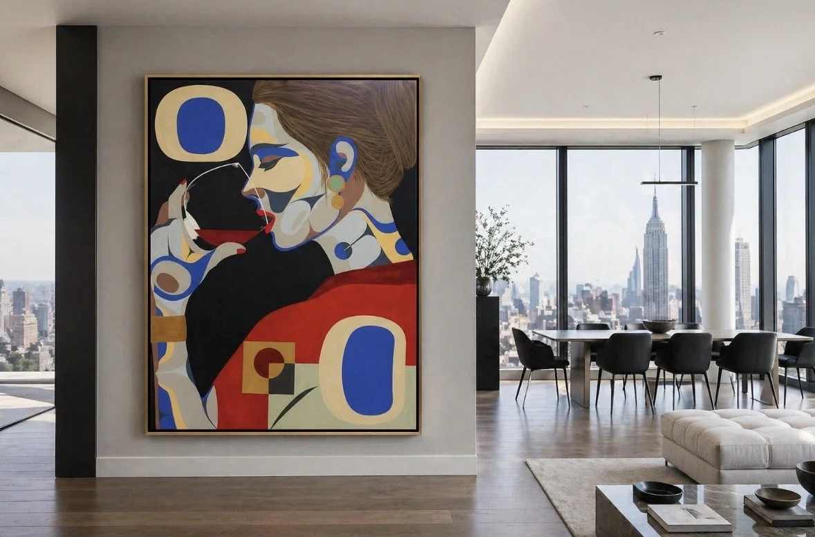 All prints can be customized to fit a particular space in your home. This large scaled print is stretched canvas and framed in gold. 